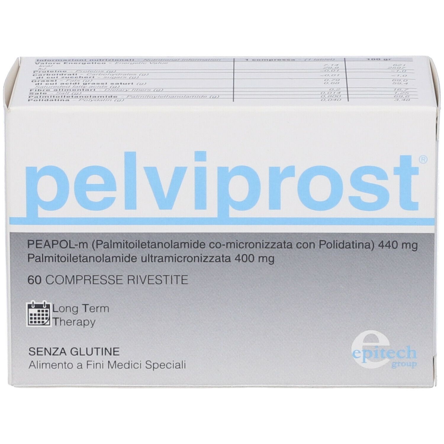 Scatola bianca con scritta blu "pelviprost". Contiene 60 compresse. Visibili "Senza glutine" e "epitech group".
