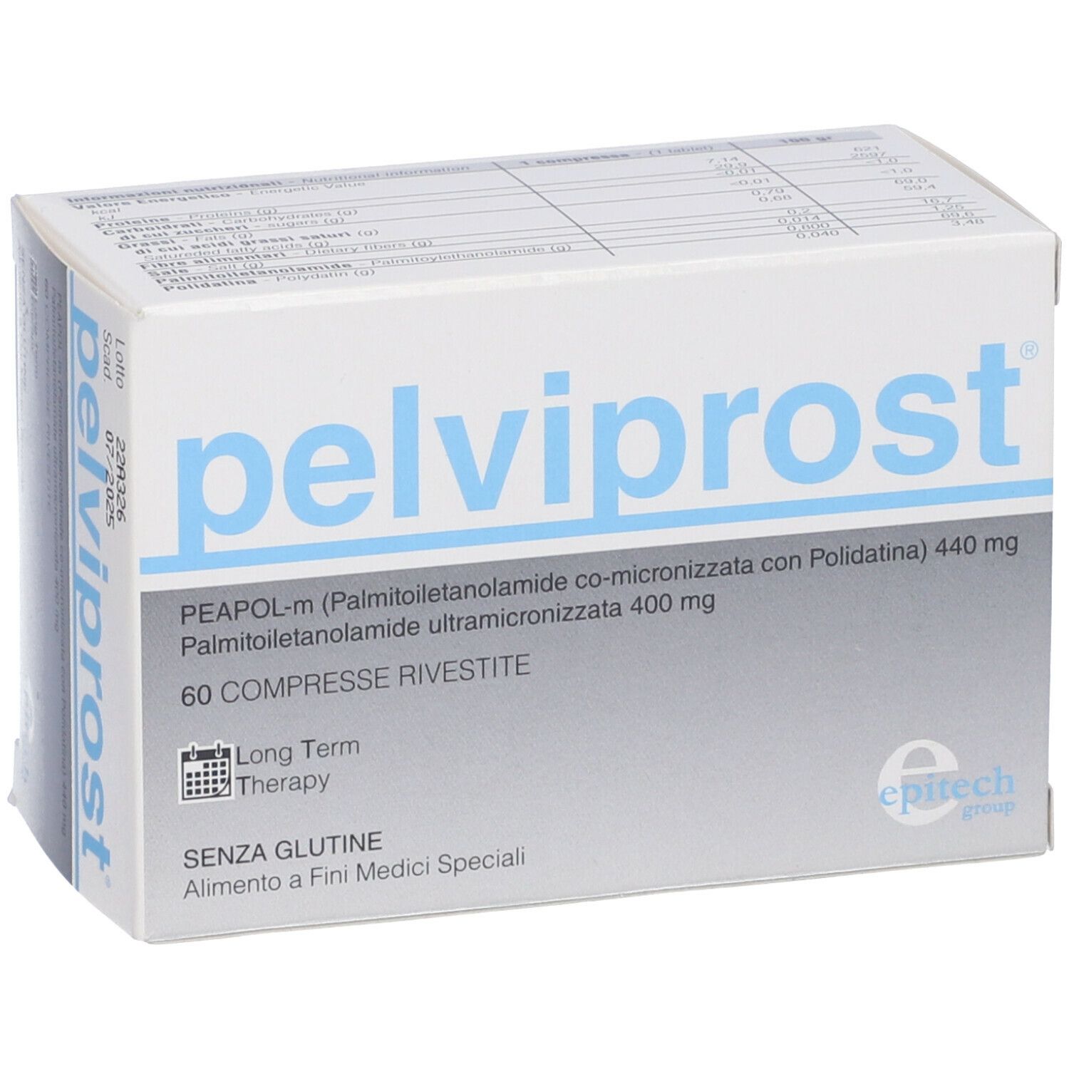 Scatola bianca con scritta blu "pelviprost". Contiene 60 compresse. Visibili "Senza glutine" e "epitech group".