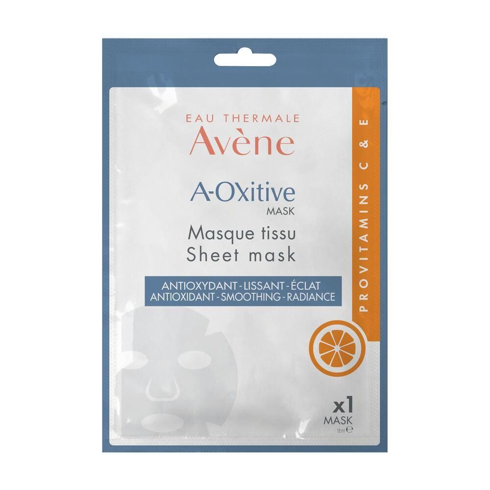Verpackung der Avène A-Oxitive Tuchmaske. Vorderseite mit Produktnamen, Schriftzug und Orangen-Illustration. Einzelpackung.