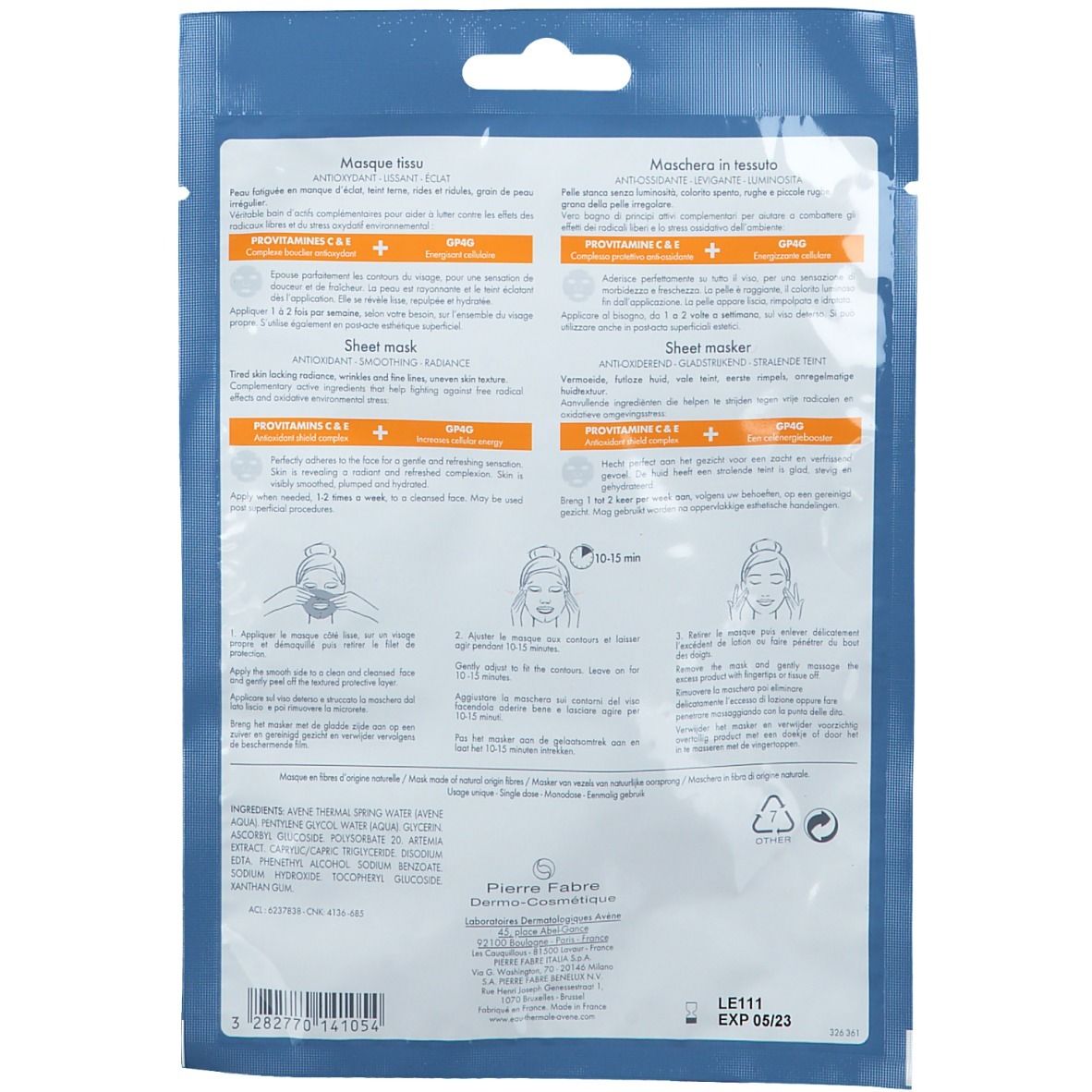Rückseite der Avène A-Oxitive Tuchmasken-Verpackung. Text in mehreren Sprachen, Anwendungsanleitung und Inhaltsstoffe.