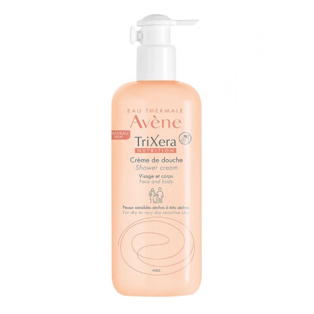 Flacone di crema doccia Avene TriXera con dosatore. Scritto: Crème de douche, Visage et corps. Per pelli secche.