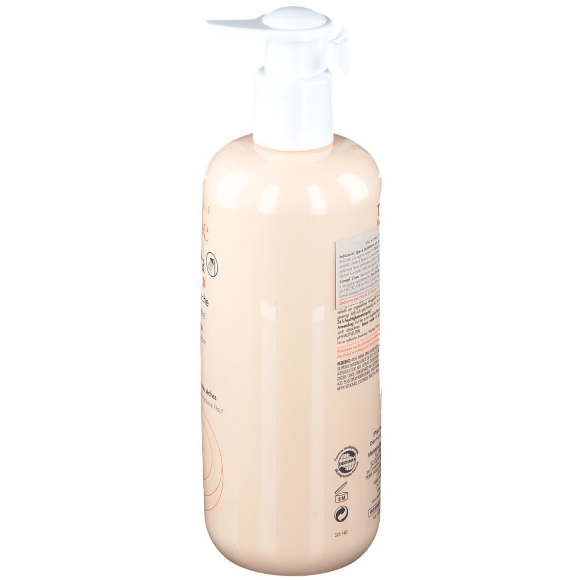 Retro del flacone di crema doccia Avene TriXera. Testo descrittivo. Per pelli secche. Con certificazioni.
