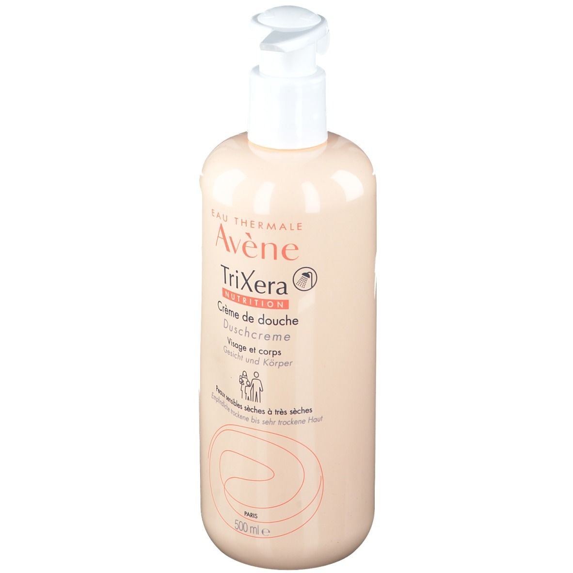 Flacone di crema doccia Avene TriXera con dosatore. Scritto: Crème de douche, Visage et corps. Per pelli secche. 500 ml.