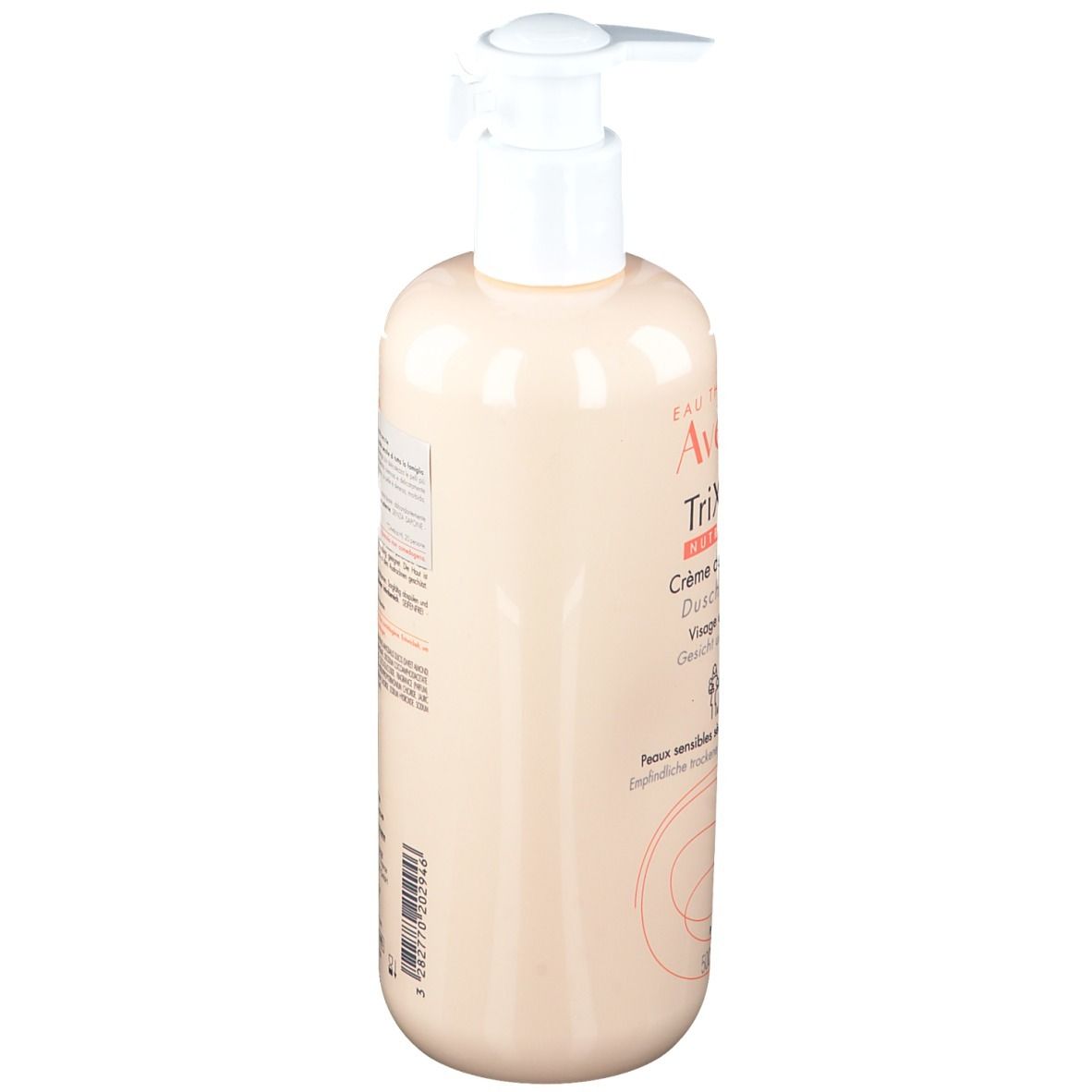 Retro del flacone di crema doccia Avene TriXera. Testo descrittivo. Per pelli secche. Con certificazioni.
