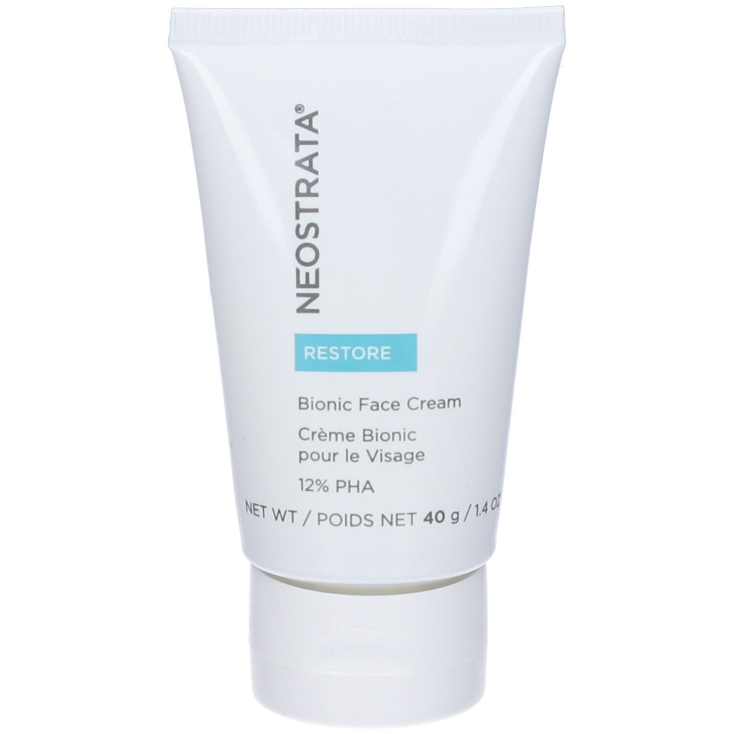 Tubo bianco con testo blu. Contiene Bionic Face Cream. Marchio NeoStrata. 40g/1.4 oz.