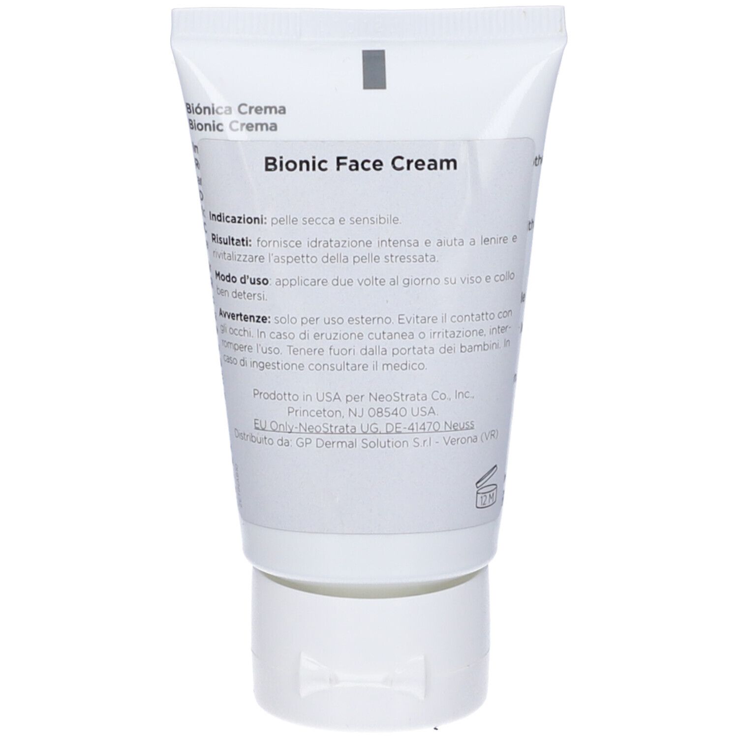 Retro di un tubo bianco. Testo in italiano. Contiene informazioni su Bionic Face Cream.