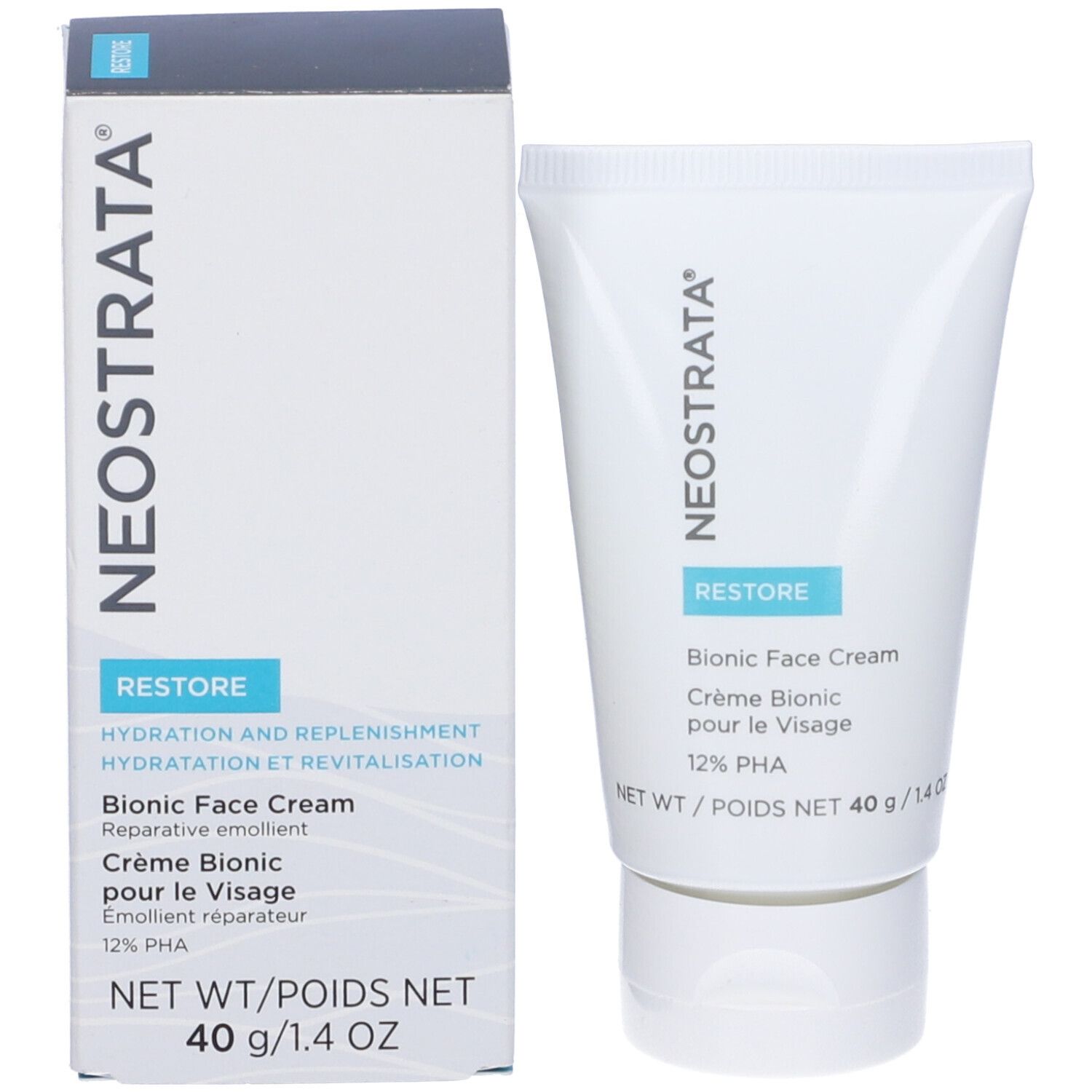 Confezione e tubo del prodotto. Confezione: bianca con testo blu. Tubo: bianco con testo blu. Bionic Face Cream.
