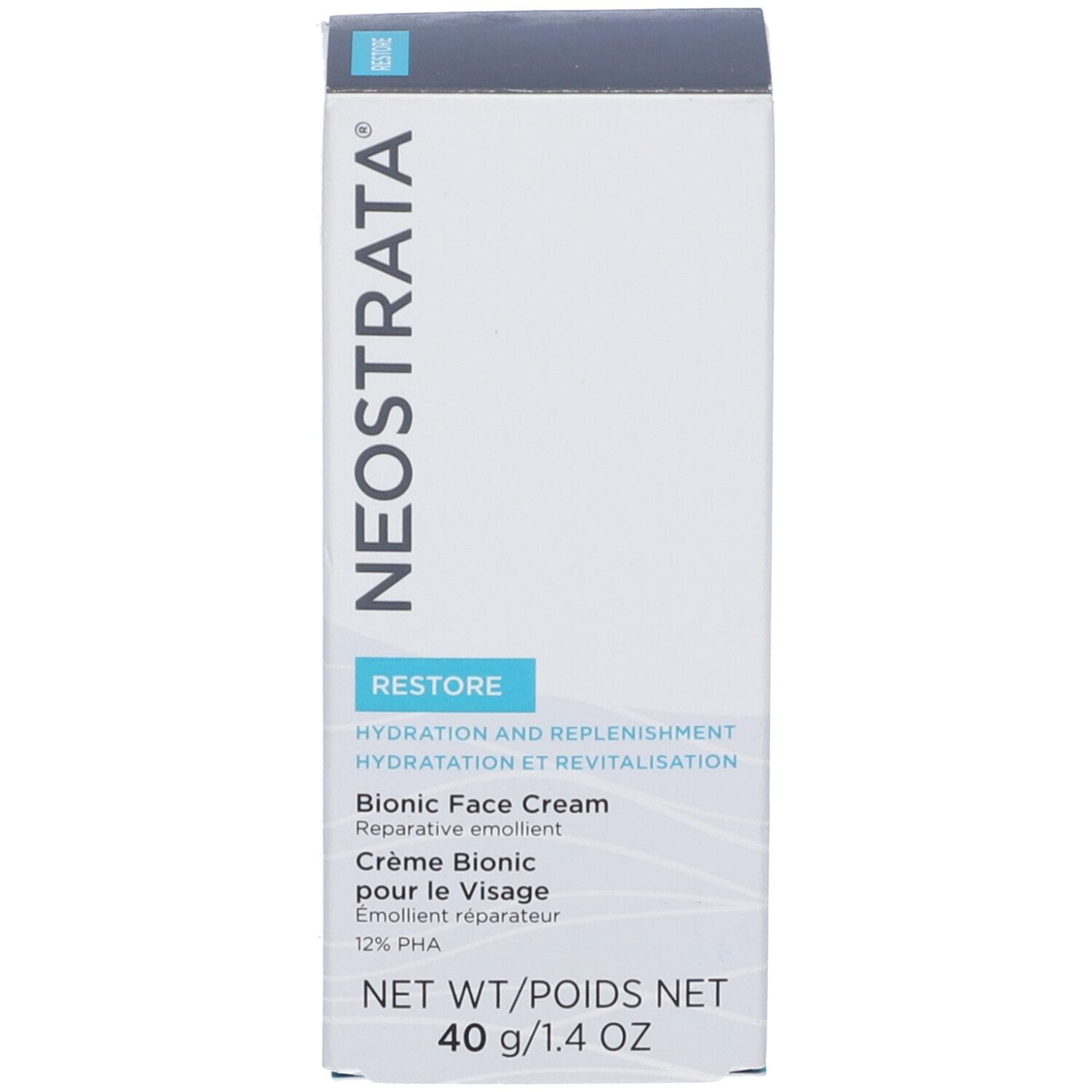 Confezione bianca con testo blu. Contiene Bionic Face Cream. Marchio NeoStrata. 40g/1.4 oz.