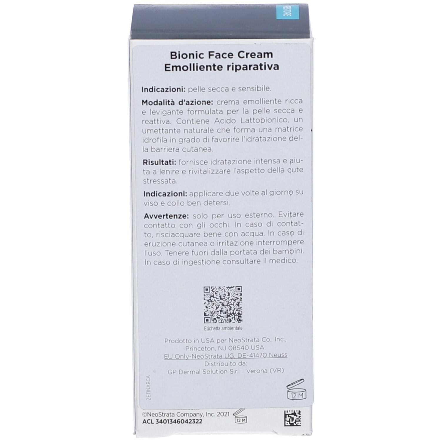 Confezione bianca. Testo in italiano. Contiene informazioni su Bionic Face Cream.