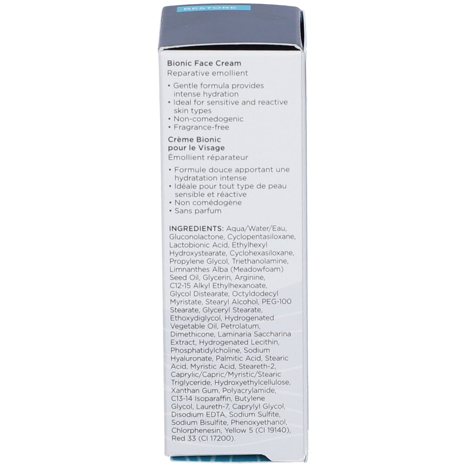Confezione bianca. Testo in inglese. Contiene gli ingredienti di Bionic Face Cream.