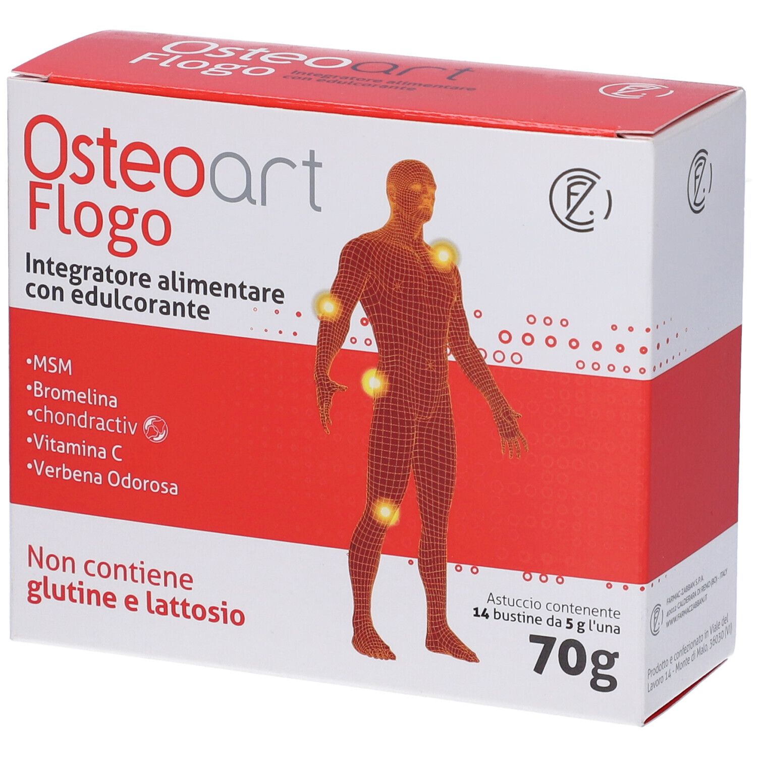Confezione Osteoart Flogo. Scatola rossa e bianca con nome del prodotto e figura umana.
