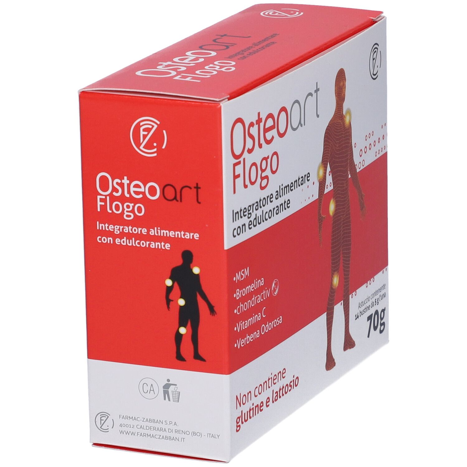 Confezione Osteoart Flogo, angolata. Scatola rossa e bianca con nome e figura umana.