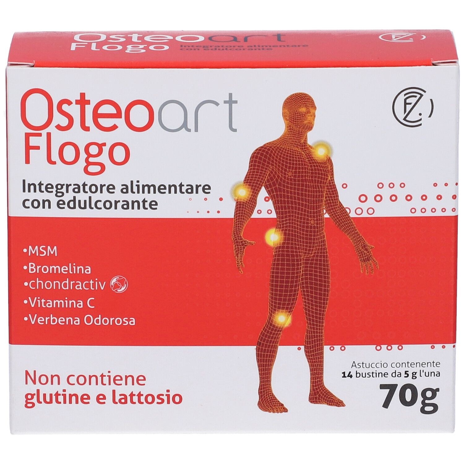 Confezione Osteoart Flogo. Scatola rossa e bianca con nome del prodotto e figura umana.