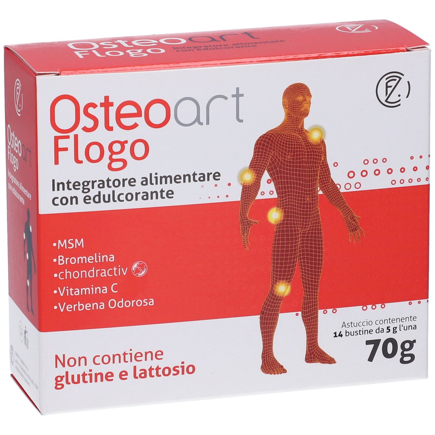 Confezione Osteoart Flogo. Scatola rossa e bianca con nome del prodotto e figura umana.