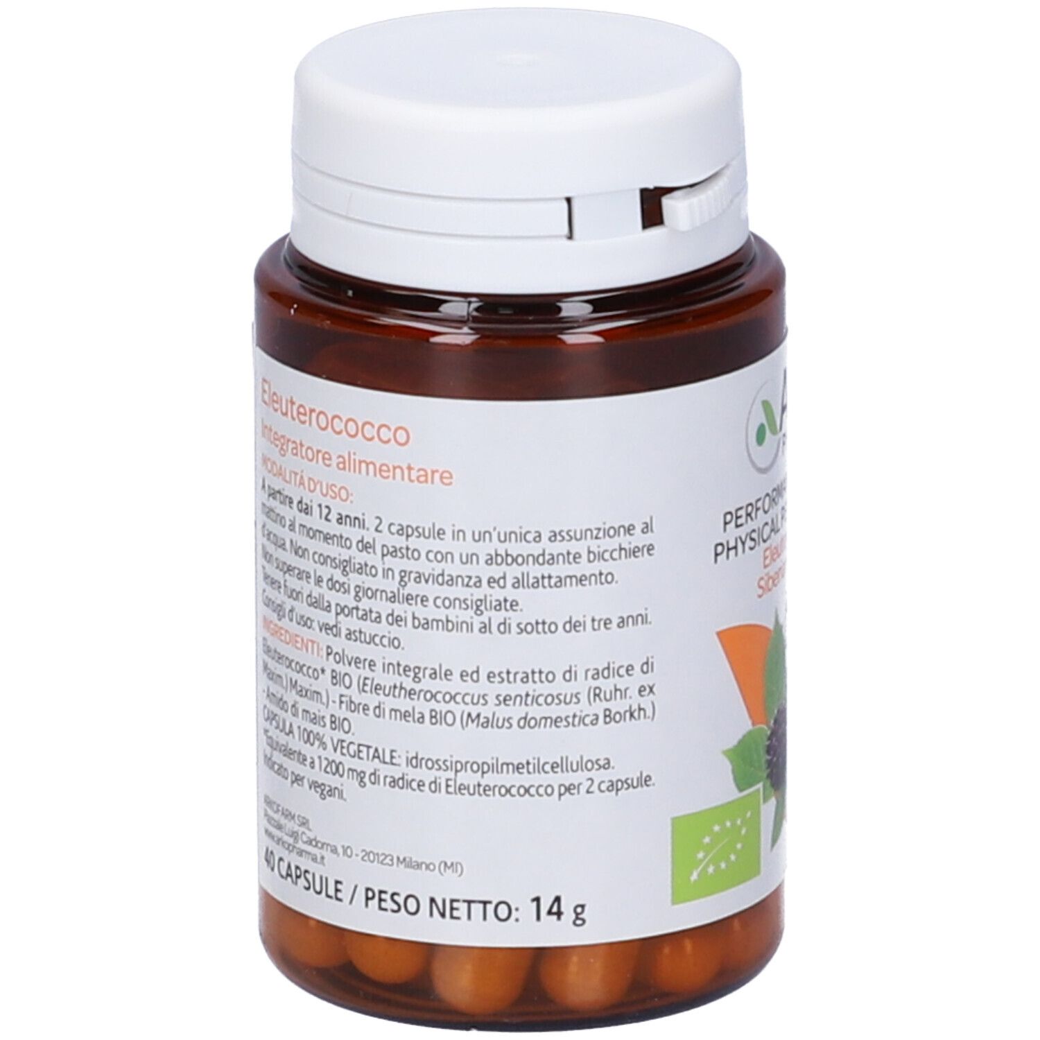 Rückseite einer braunen Flasche mit weißem Deckel. Etikett mit Produktinformationen und Inhaltsstoffen. 40 Kapseln.