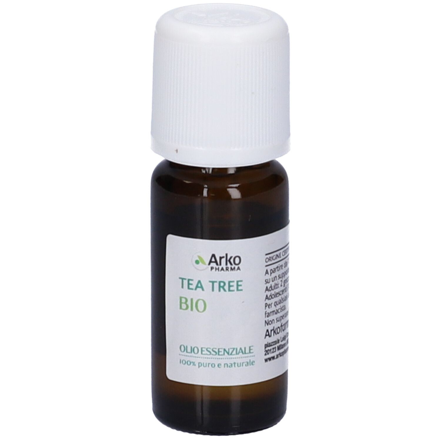 Braune Glasflasche mit weißem Verschluss. Etikett mit grünem Logo und Text: Tea Tree Bio, Olio Essenziale.