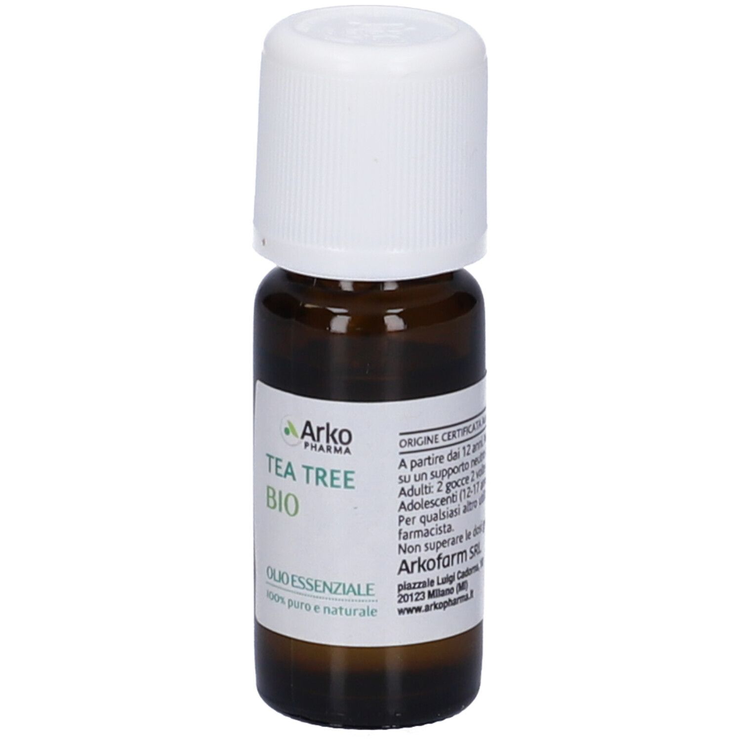 Braune Glasflasche mit weißem Verschluss. Etikett mit grünem Logo und Text: Tea Tree Bio, Olio Essenziale.