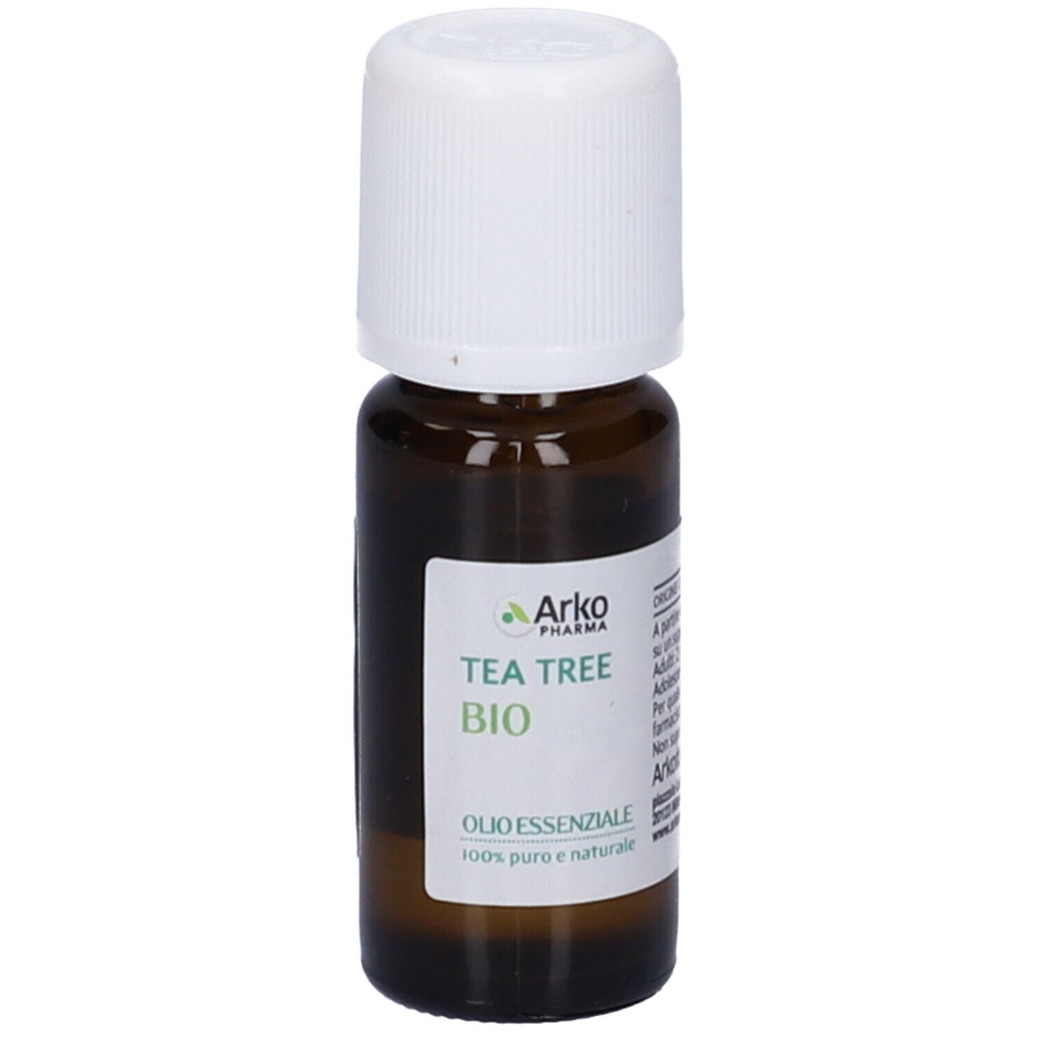 Braune Glasflasche mit weißem Verschluss. Etikett mit grünem Logo und Text: Tea Tree Bio, Olio Essenziale.