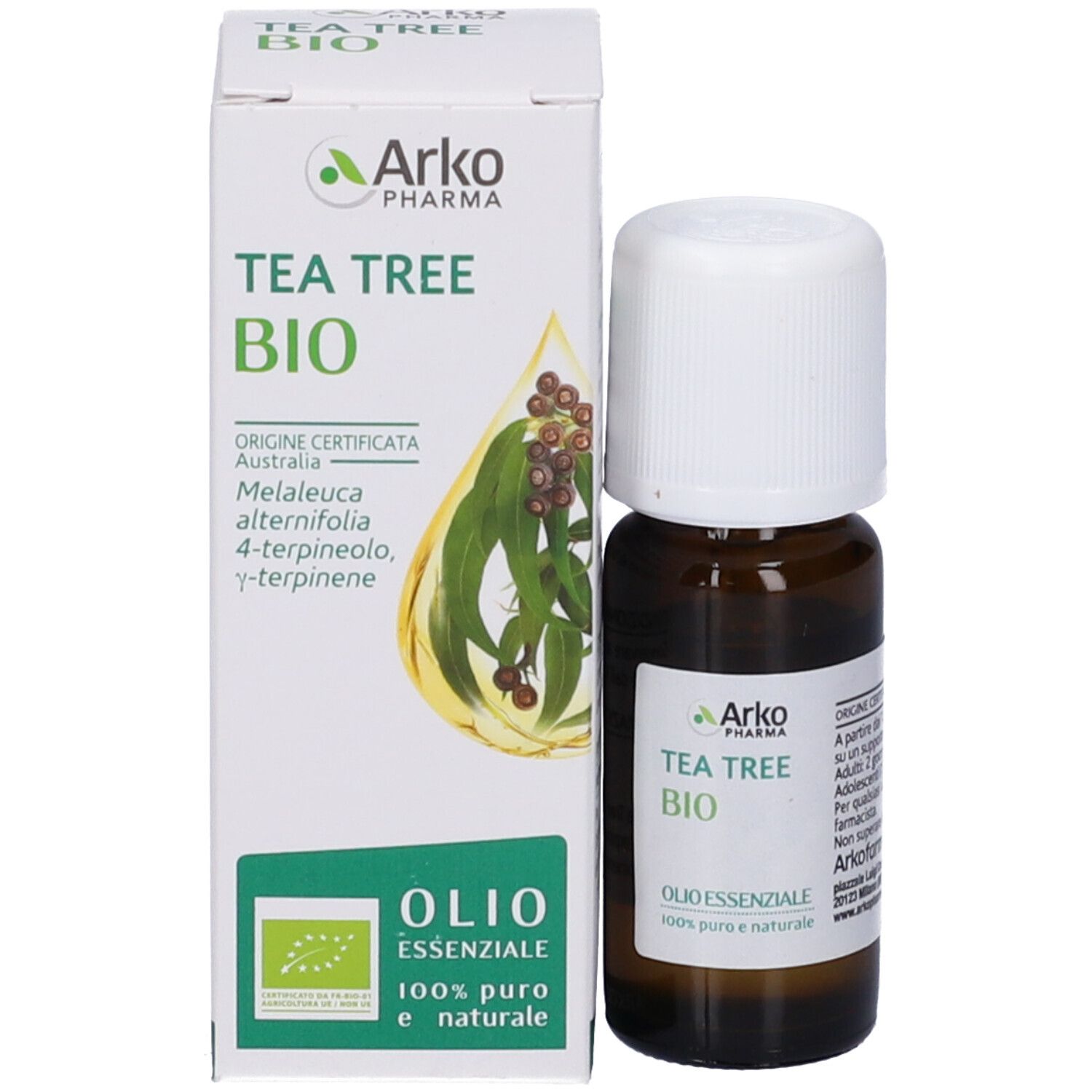 Braune Glasflasche mit weißem Verschluss und Karton. Karton mit Text und Logo: Tea Tree Bio, Olio Essenziale.