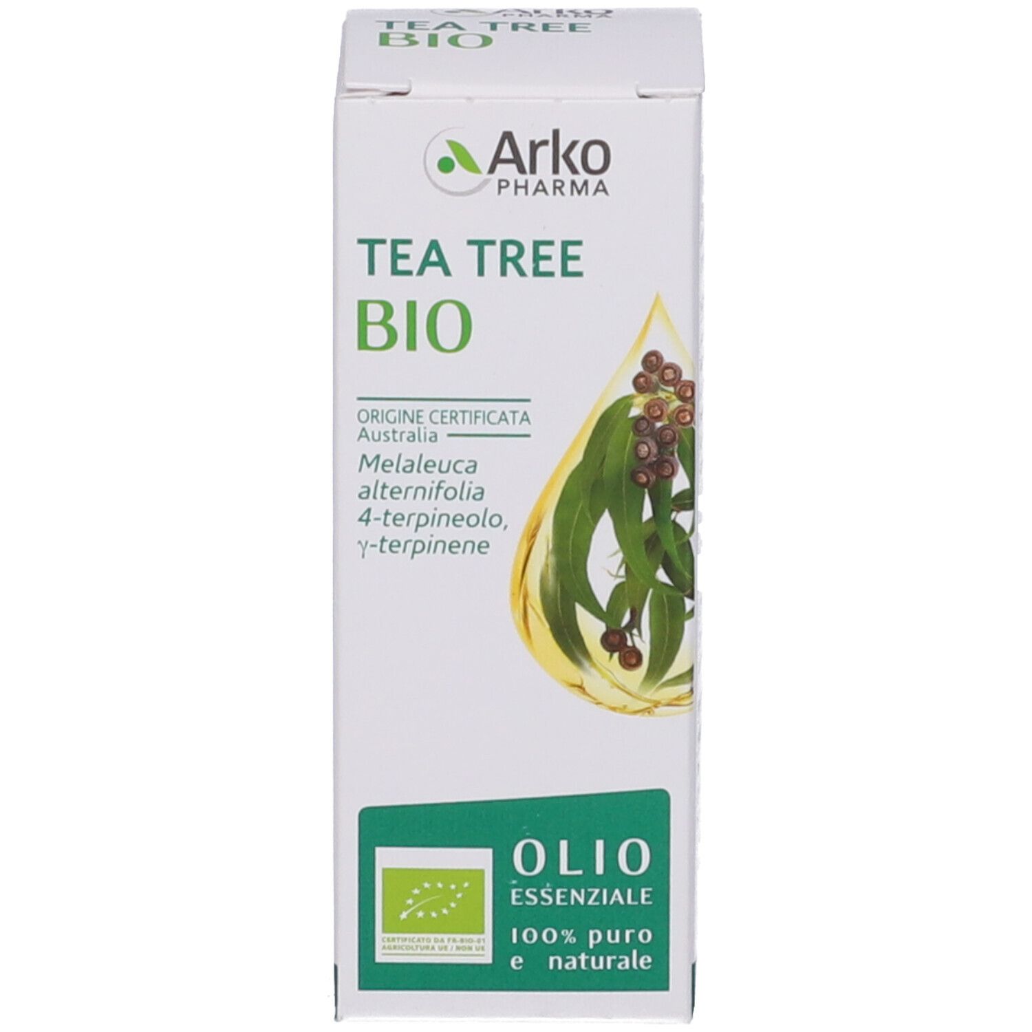 Karton mit Text und Logo: Tea Tree Bio, Olio Essenziale. Abbildung von Blättern und Tropfen.