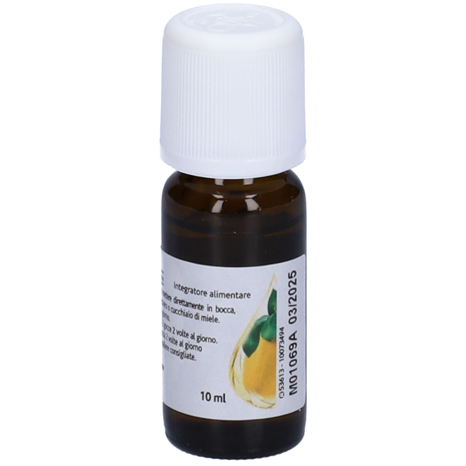 Braune Glasflasche mit weißem Verschluss. Etikett mit Text: 10 ml, Integratore alimentare, M01069A 03/2025.