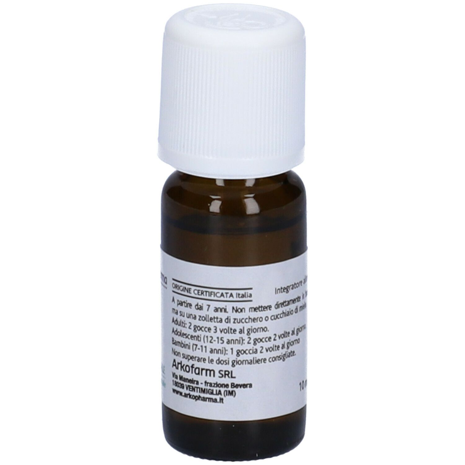 Braune Glasflasche mit weißem Verschluss. Etikett mit Text: Origine Certificata Italia, Arkofarm SRL, 10 ml.