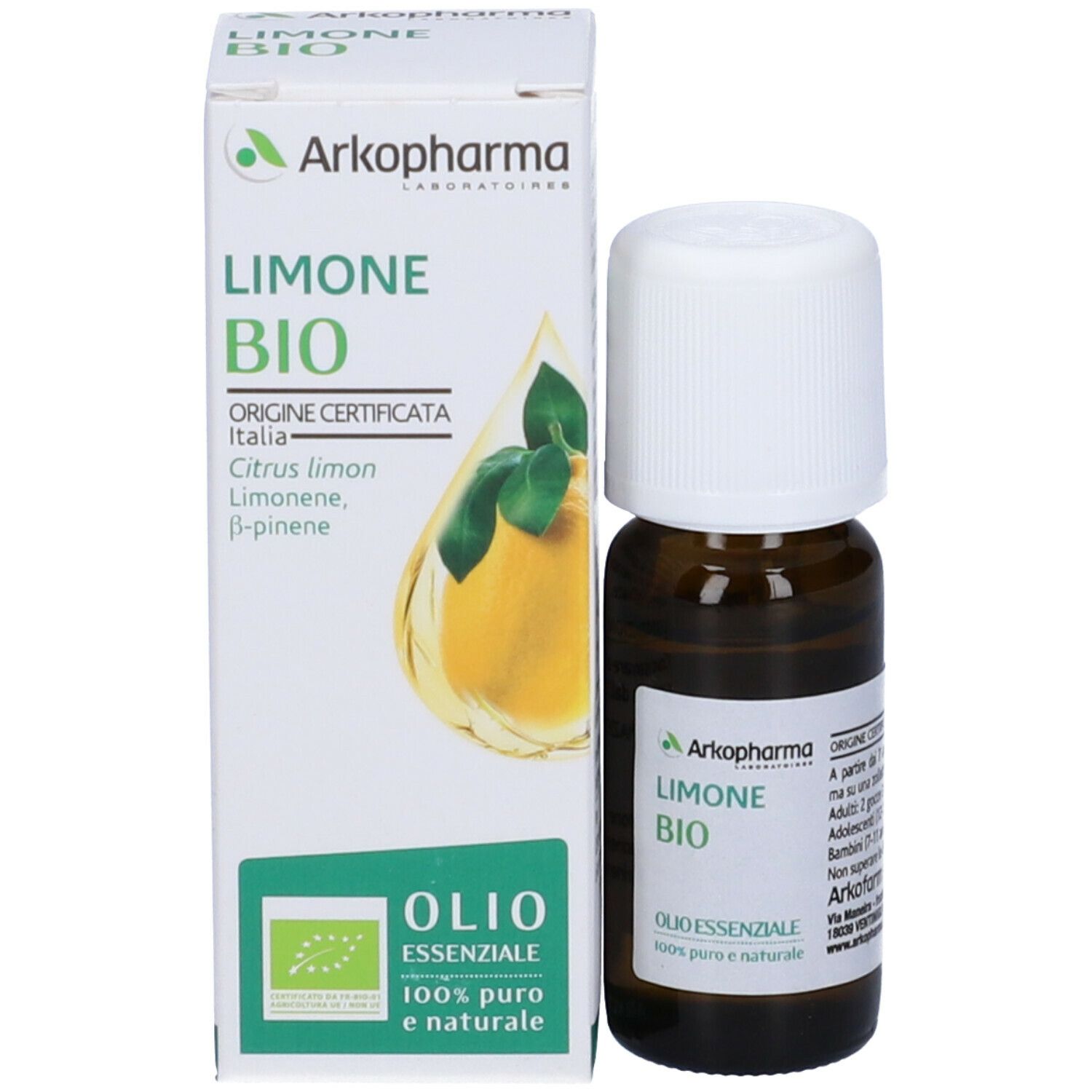 Produktverpackung und Flasche. Weiße Schachtel mit grünem Logo und Text: LIMONE BIO, OIO ESSENZIALE. Braune Flasche.