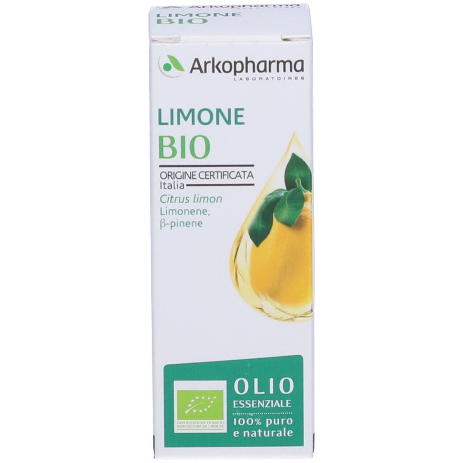 Produktverpackung. Weiße Schachtel mit grünem Logo und Text: LIMONE BIO, OIO ESSENZIALE. Mit Bio-Siegel.
