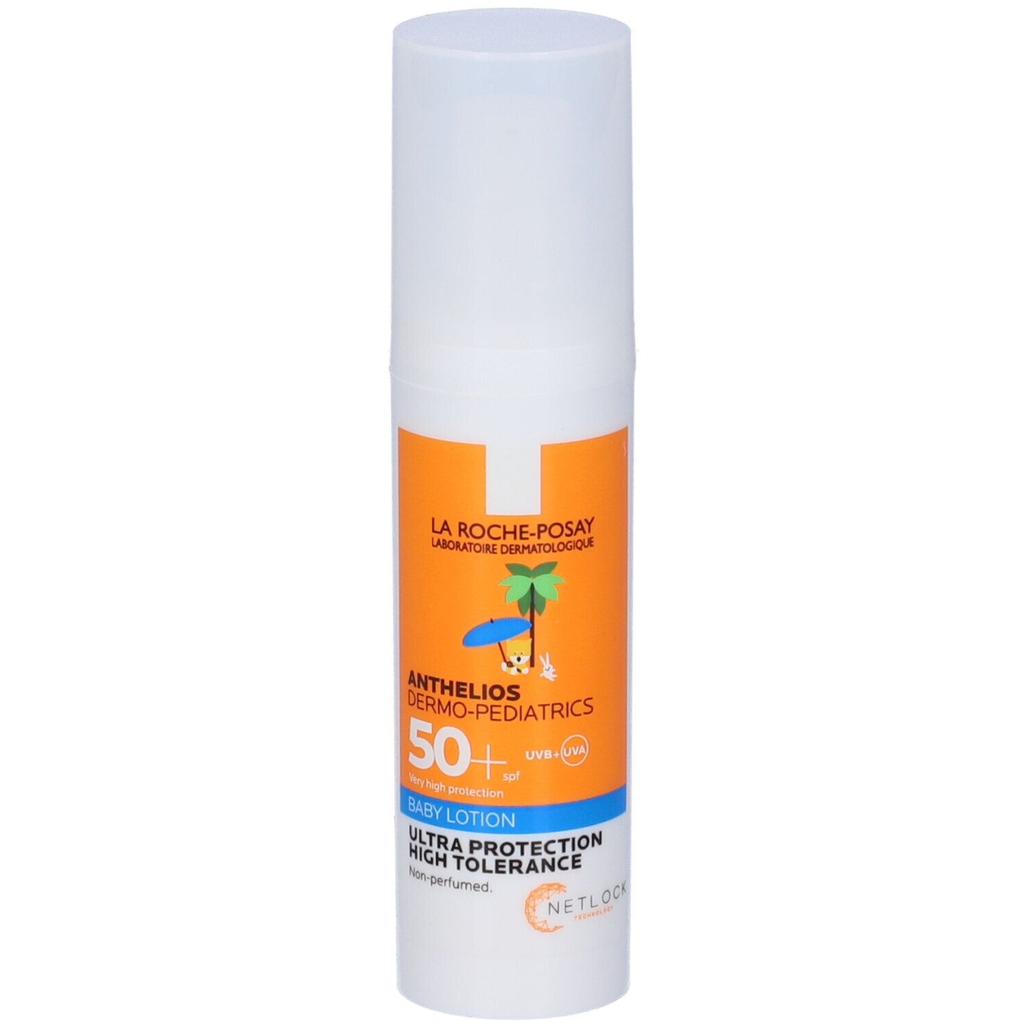 Flacone bianco con etichetta arancione. Scritta: Anthelios Dermo-pediatrics 50+. Baby Lotion. Ultra Protection.