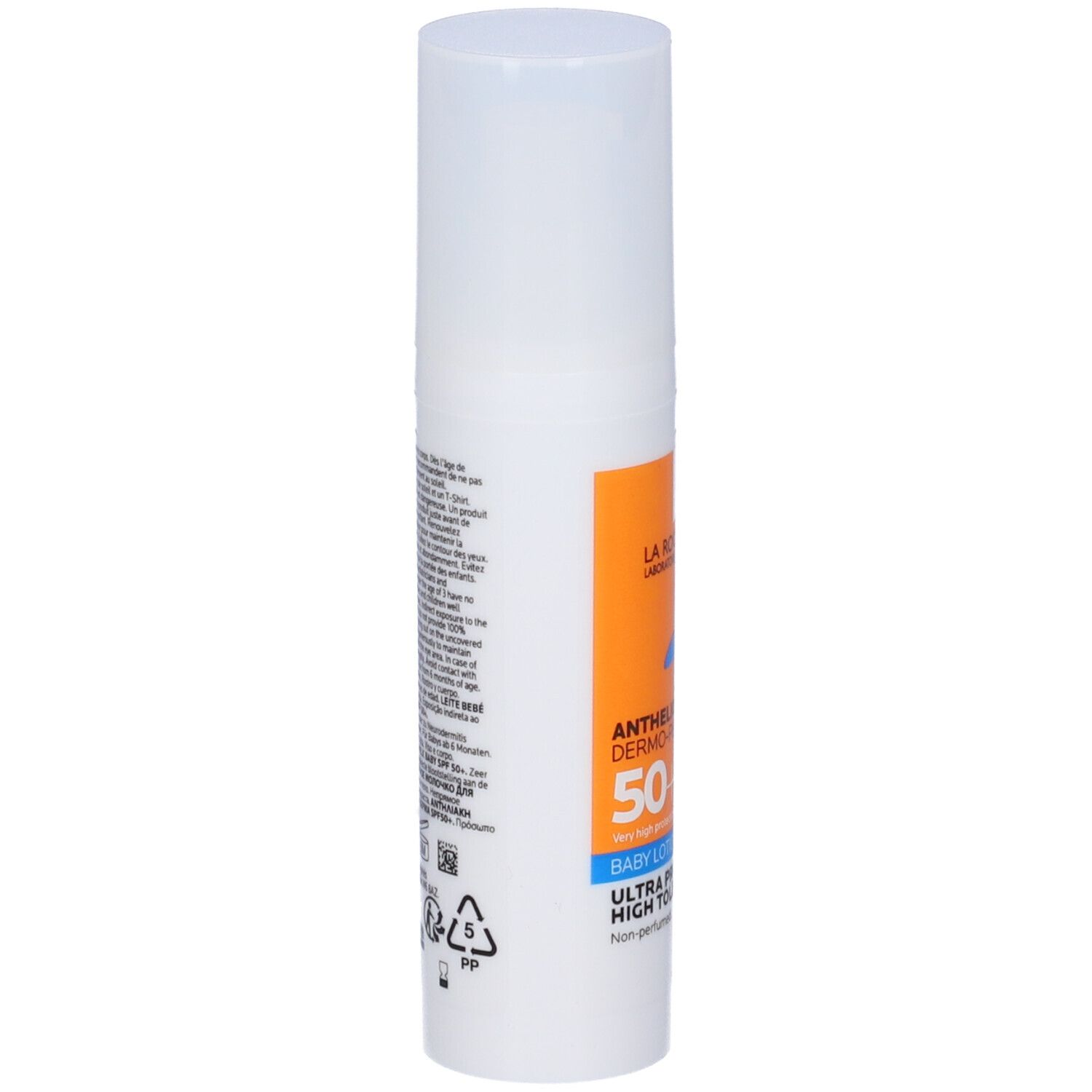 Flacone bianco con etichetta arancione. Scritta: Anthelios Dermo-pediatrics 50+. Baby Lotion. Ultra Protection.
