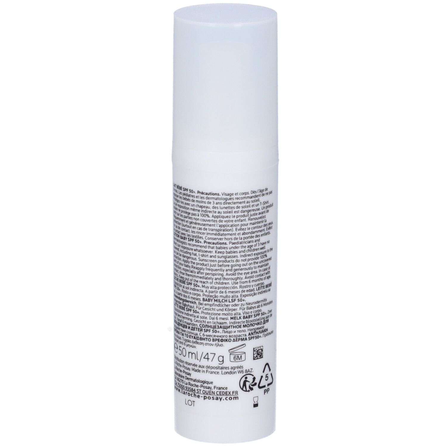 Flacone bianco con testo sul retro. Scritta: Anthelios Dermo-pediatrics 50+. Baby Lotion. Ultra Protection.