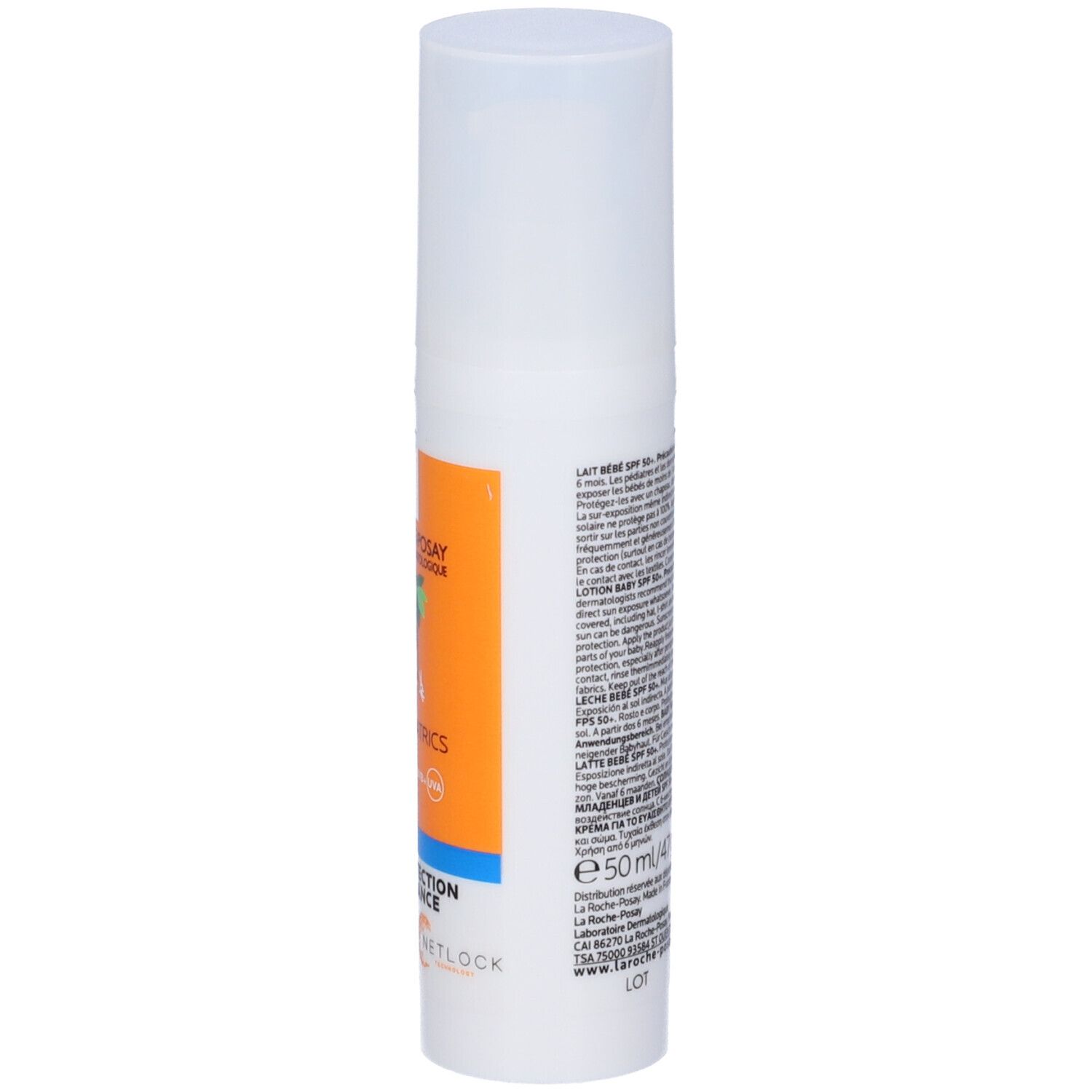 Flacone bianco con testo sul retro. Scritta: Anthelios Dermo-pediatrics 50+. Baby Lotion. Ultra Protection.