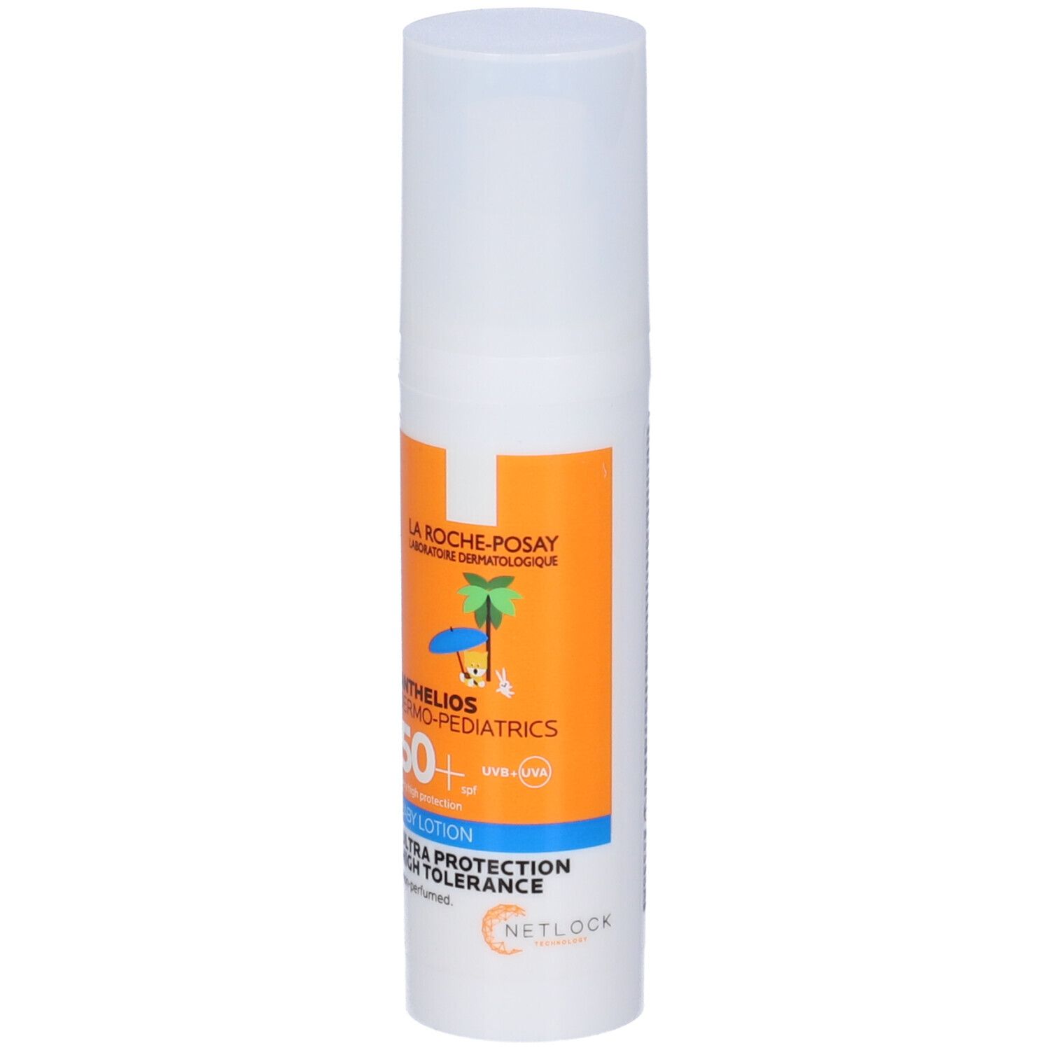 Flacone bianco con testo sul retro. Scritta: Anthelios Dermo-pediatrics 50+. Baby Lotion. Ultra Protection.