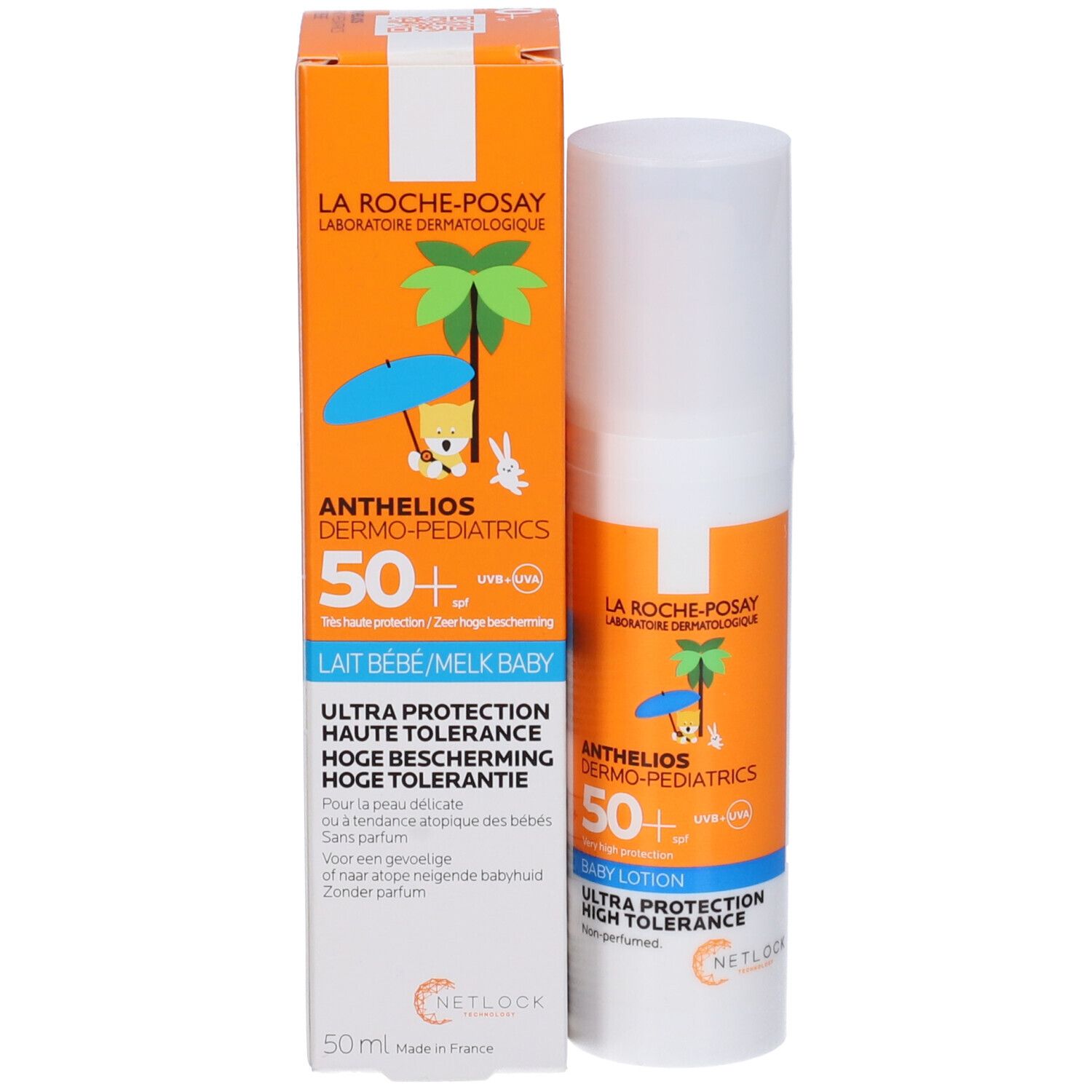 Prodotto e confezione. Scritta: Anthelios Dermo-pediatrics 50+. Baby Lotion. Ultra Protection. Arancione.