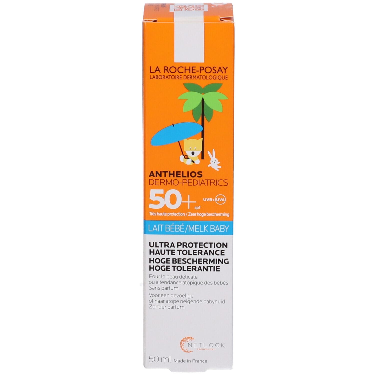 Confezione. Scritta: Anthelios Dermo-pediatrics 50+. Baby Lotion. Ultra Protection. Arancione.
