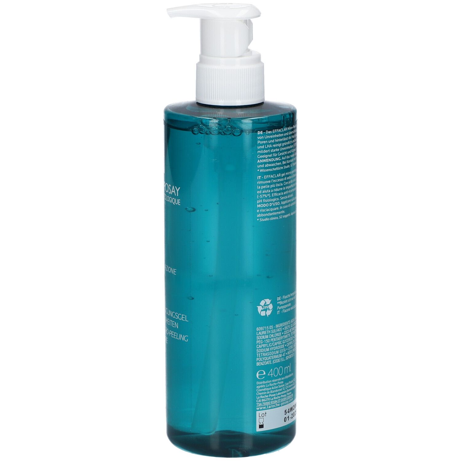 Flacone blu trasparente con erogatore bianco. Scritta: LA ROCHE-POSAY EFFACLAR Gel Nettoyant Mikro-Peeling. Testo sul retro.