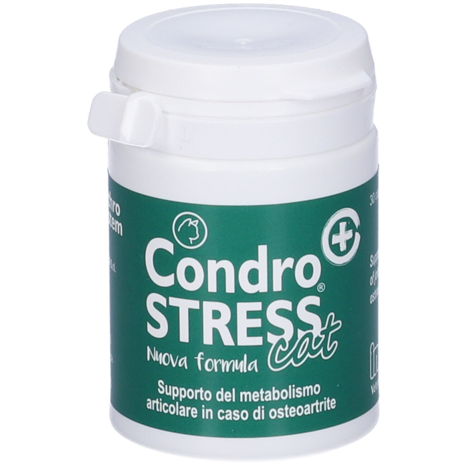 Barattolo bianco Condro STRESS Cat. Etichetta verde con informazioni. Coperchio con chiusura a scatto.