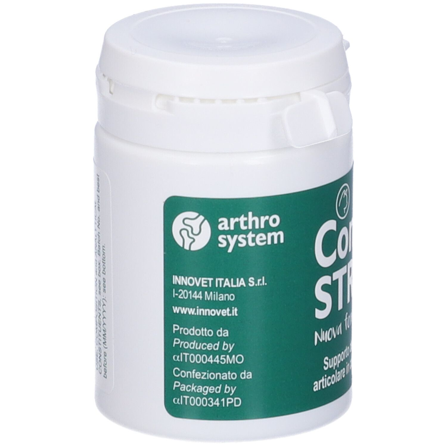 Barattolo bianco Condro STRESS Cat. Etichetta con informazioni produttore: InnoveT Italia S.r.l.