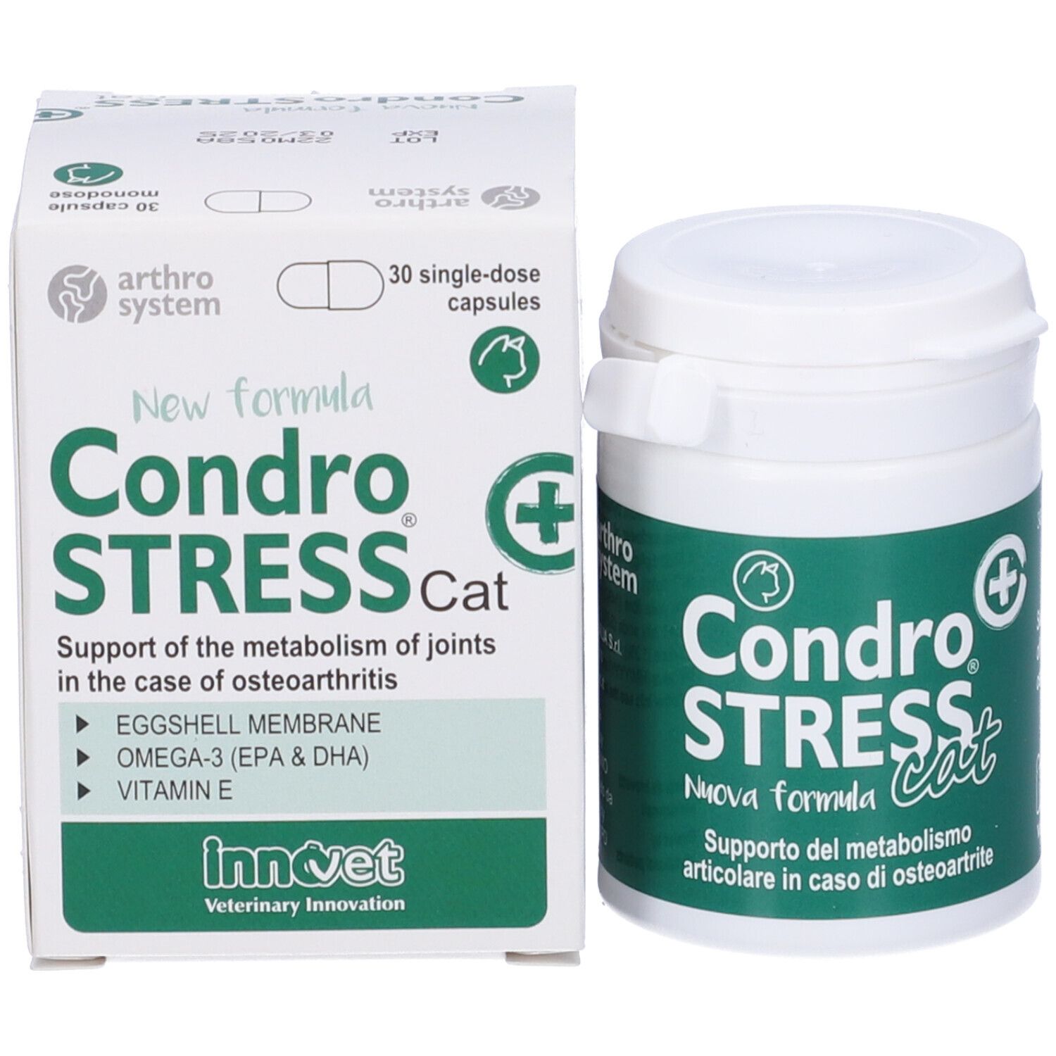 Confezione Condro STRESS Cat. Scatola con 30 capsule e barattolo. Scritta: Nuova formula.