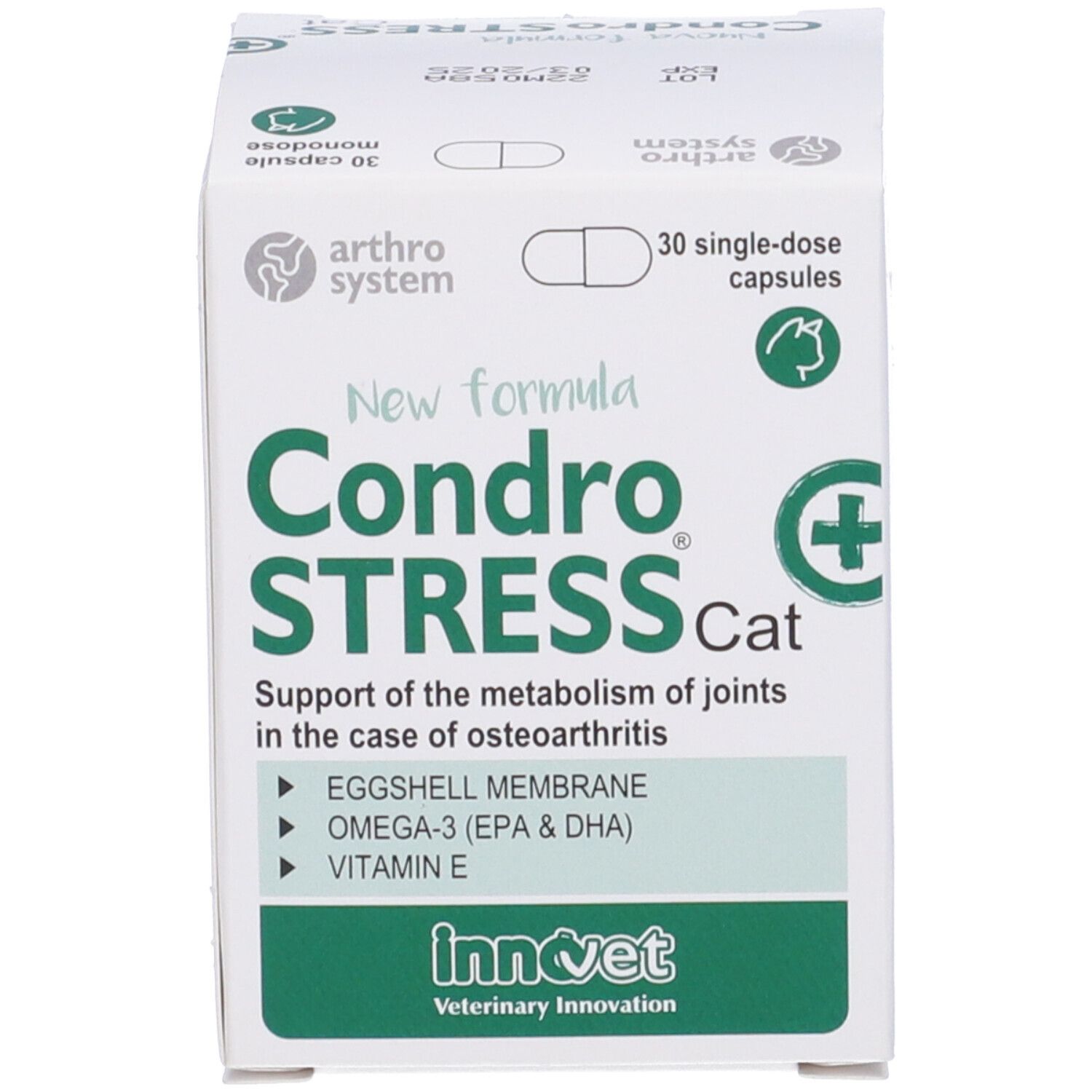 Confezione Condro STRESS Cat. Scatola con 30 capsule. Scritta: Nuova formula. Contiene Membrana d'uovo, Omega-3, Vitamina E.