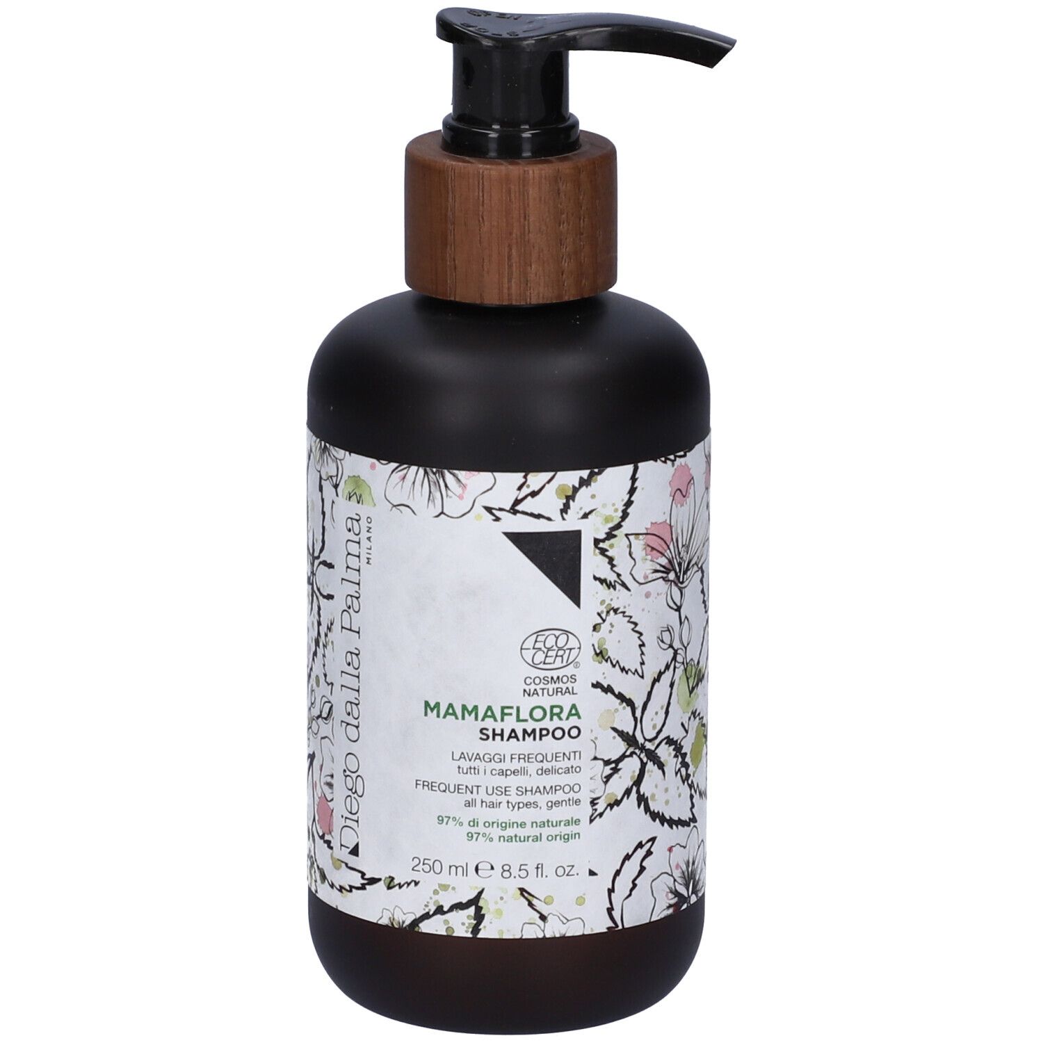 Flacone scuro con dosatore. Etichetta con motivo floreale e testo: Mamaflora Shampoo, Lavaggi Frequenti, 250 ml.