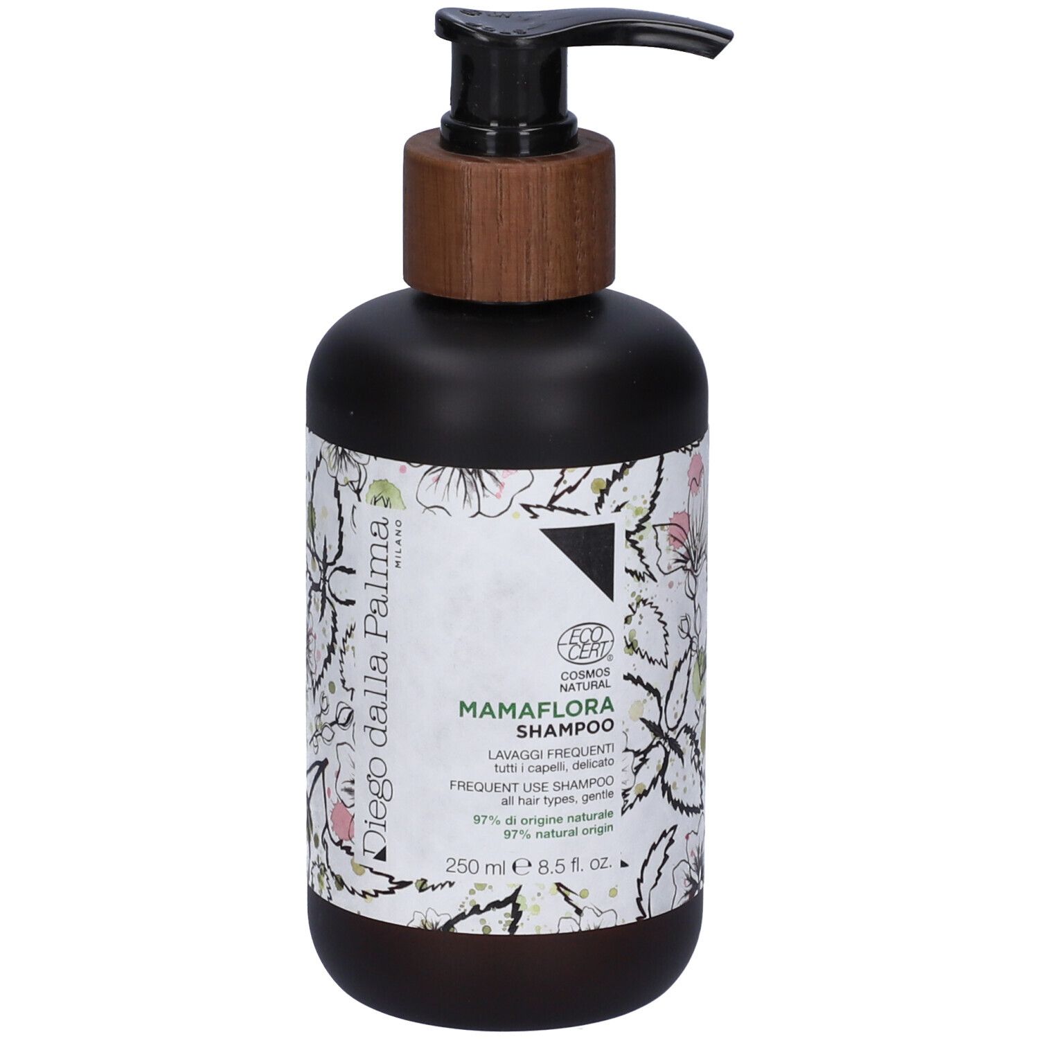 Flacone scuro con dosatore. Etichetta con motivo floreale e testo: Mamaflora Shampoo, Lavaggi Frequenti, 250 ml.