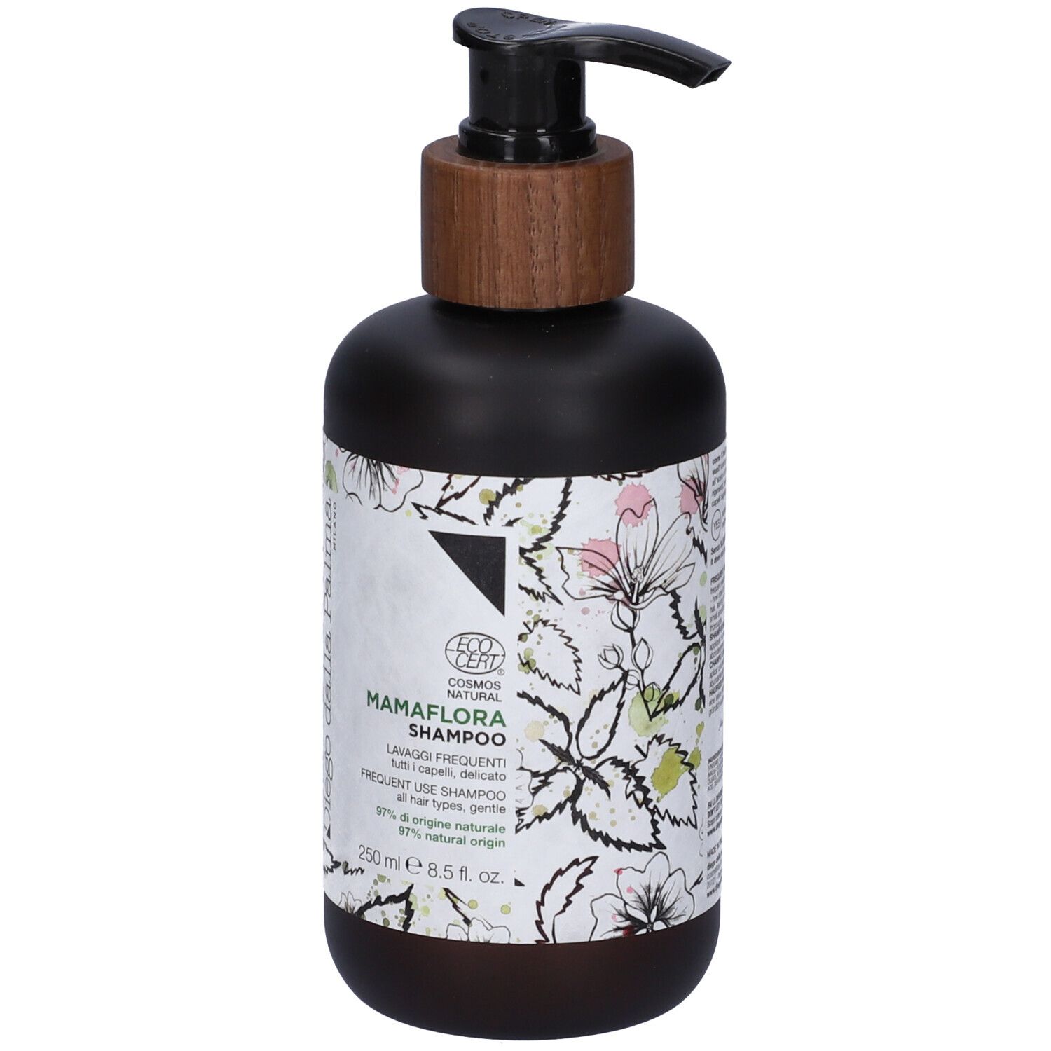 Flacone scuro con dosatore. Etichetta con motivo floreale e testo: Mamaflora Shampoo, Lavaggi Frequenti, 250 ml.
