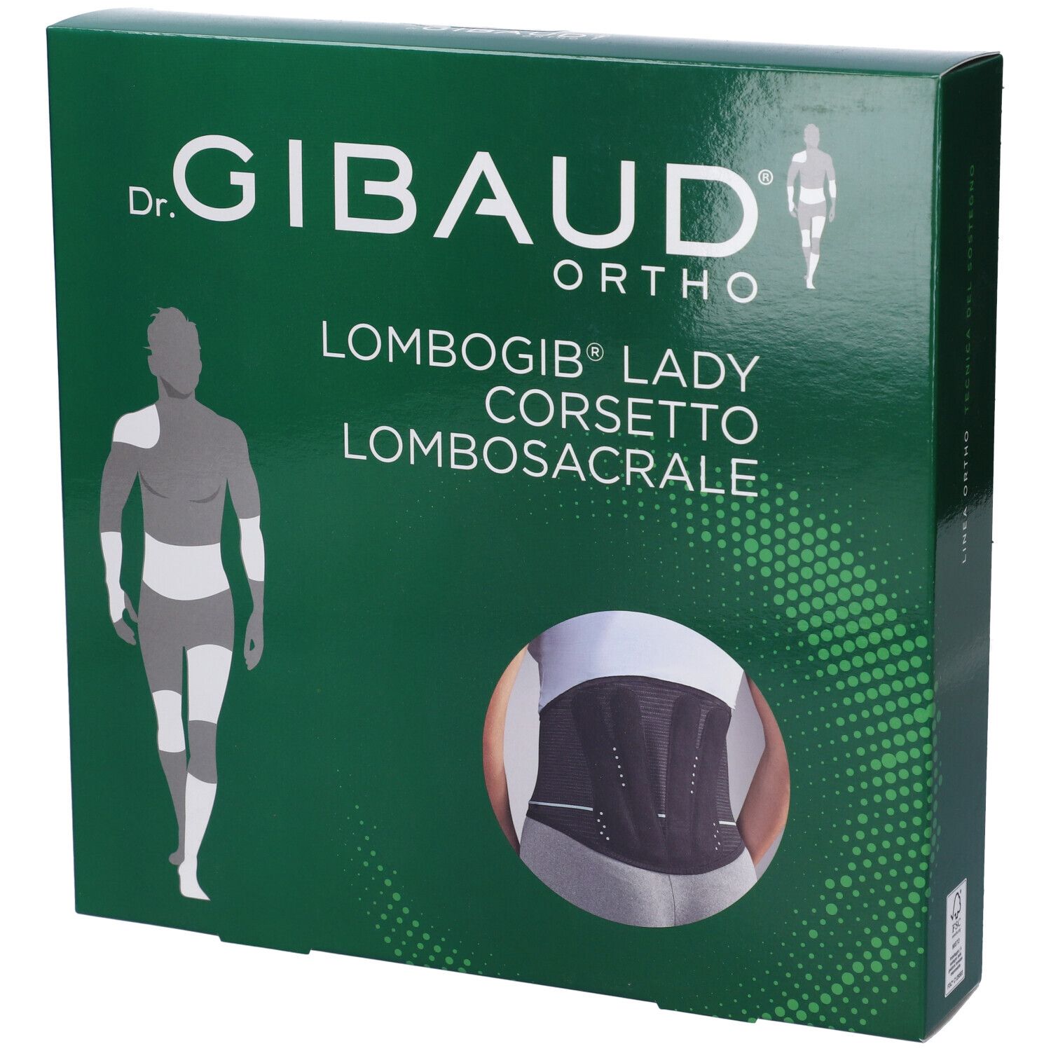 Confezione verde con immagine del prodotto. Scritta: Dr. Gibaud Ortho, Lombogib Lady Corsetto Lombosacrale.
