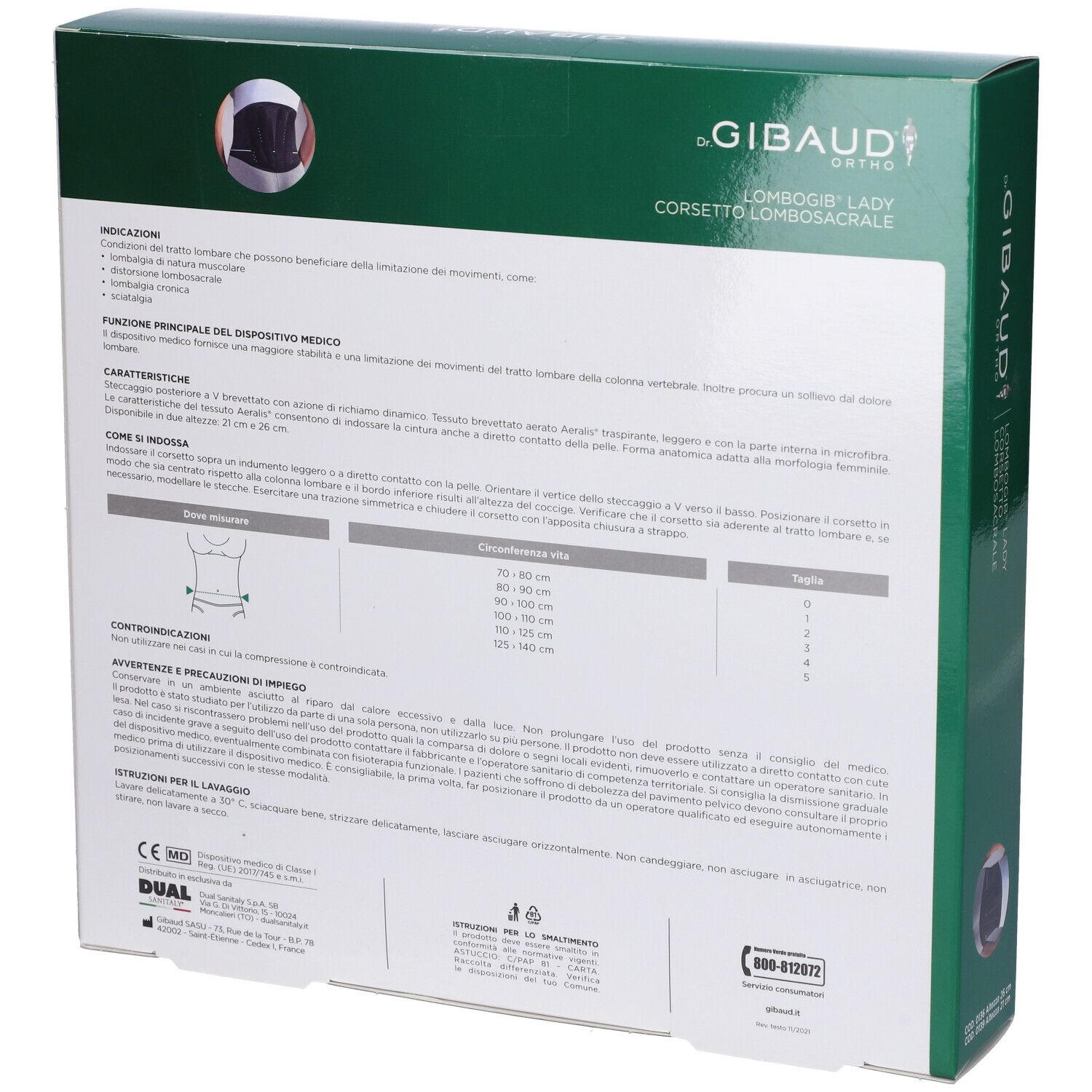 Retro della confezione verde. Informazioni testuali e immagine del prodotto. Marchio: Dr. Gibaud Ortho.