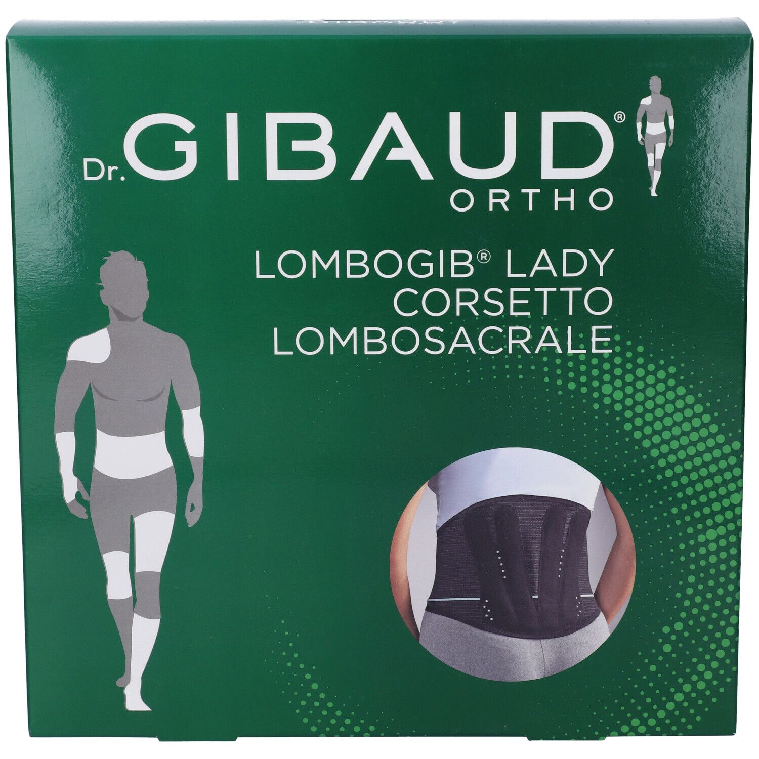 Confezione verde con immagine del prodotto. Scritta: Dr. Gibaud Ortho, Lombogib Lady Corsetto Lombosacrale.