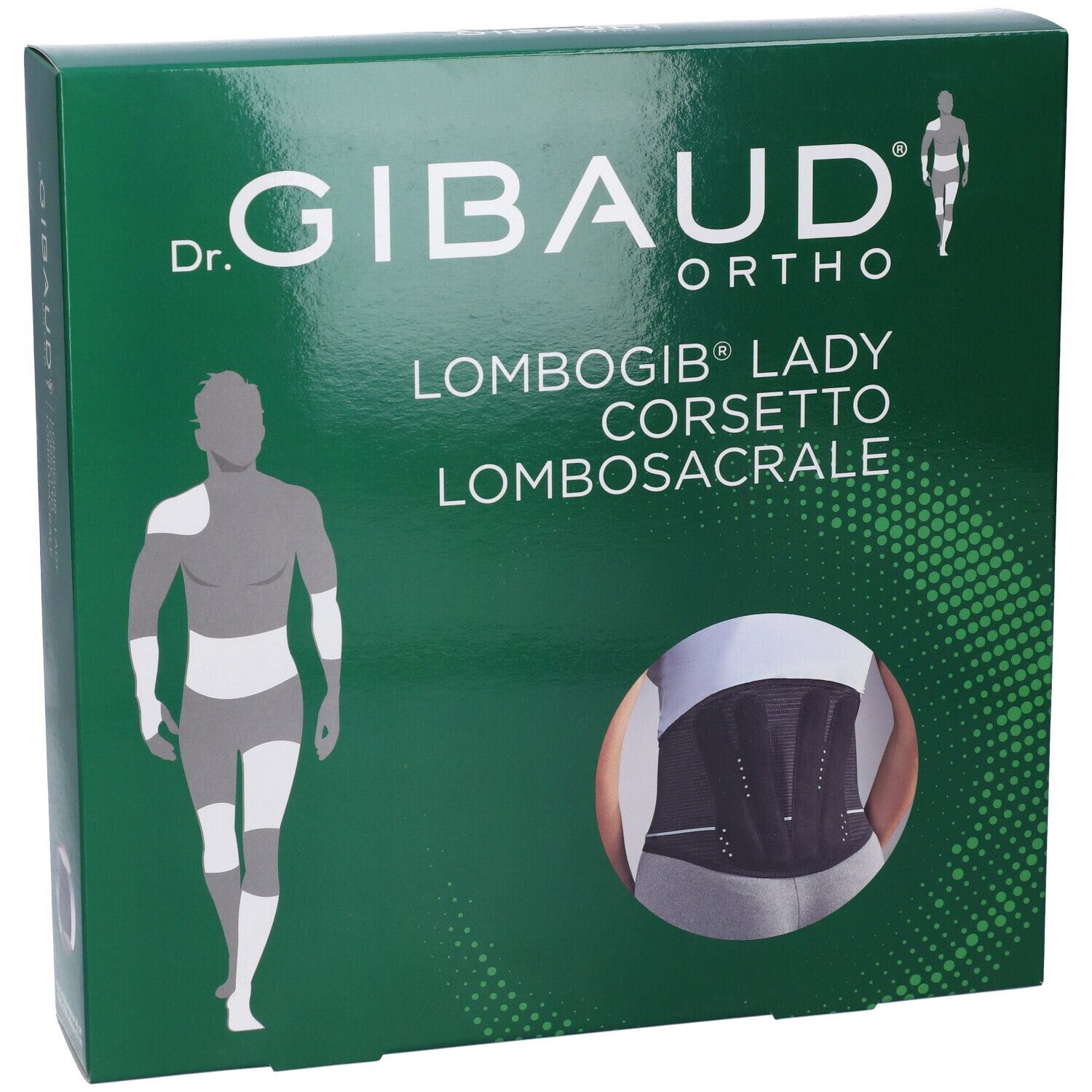 Confezione verde con immagine del prodotto. Scritta: Dr. Gibaud Ortho, Lombogib Lady Corsetto Lombosacrale.