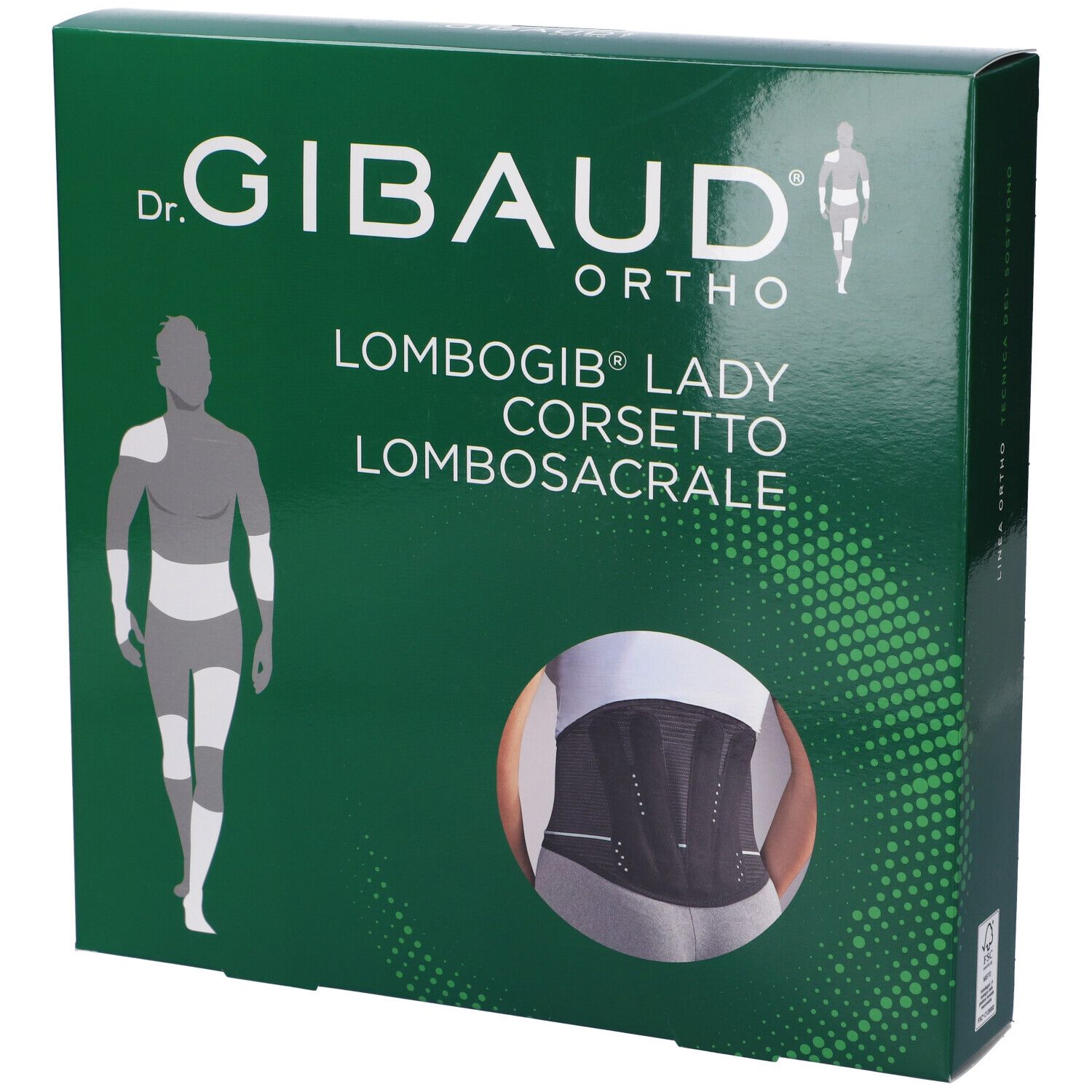 Grüne Verpackung mit Produktabbildung. Aufschrift: Dr. Gibaud Ortho, Lombogib Lady Corsetto Lombosacrale. Abbildung eines Korsetts.