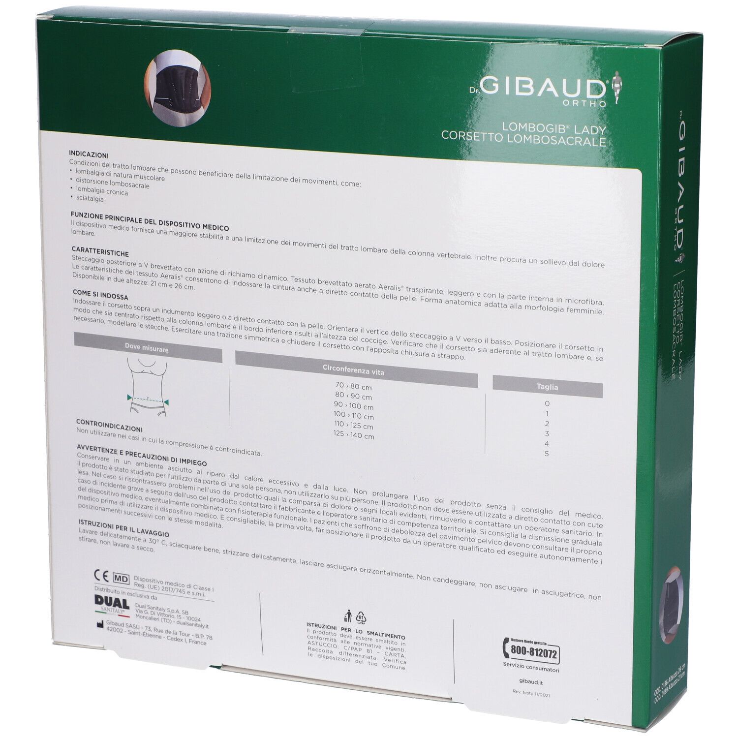 Rückseite der grünen Verpackung. Textinformationen und Produktabbildung. Marke: Dr. Gibaud Ortho. Text in mehreren Sprachen.