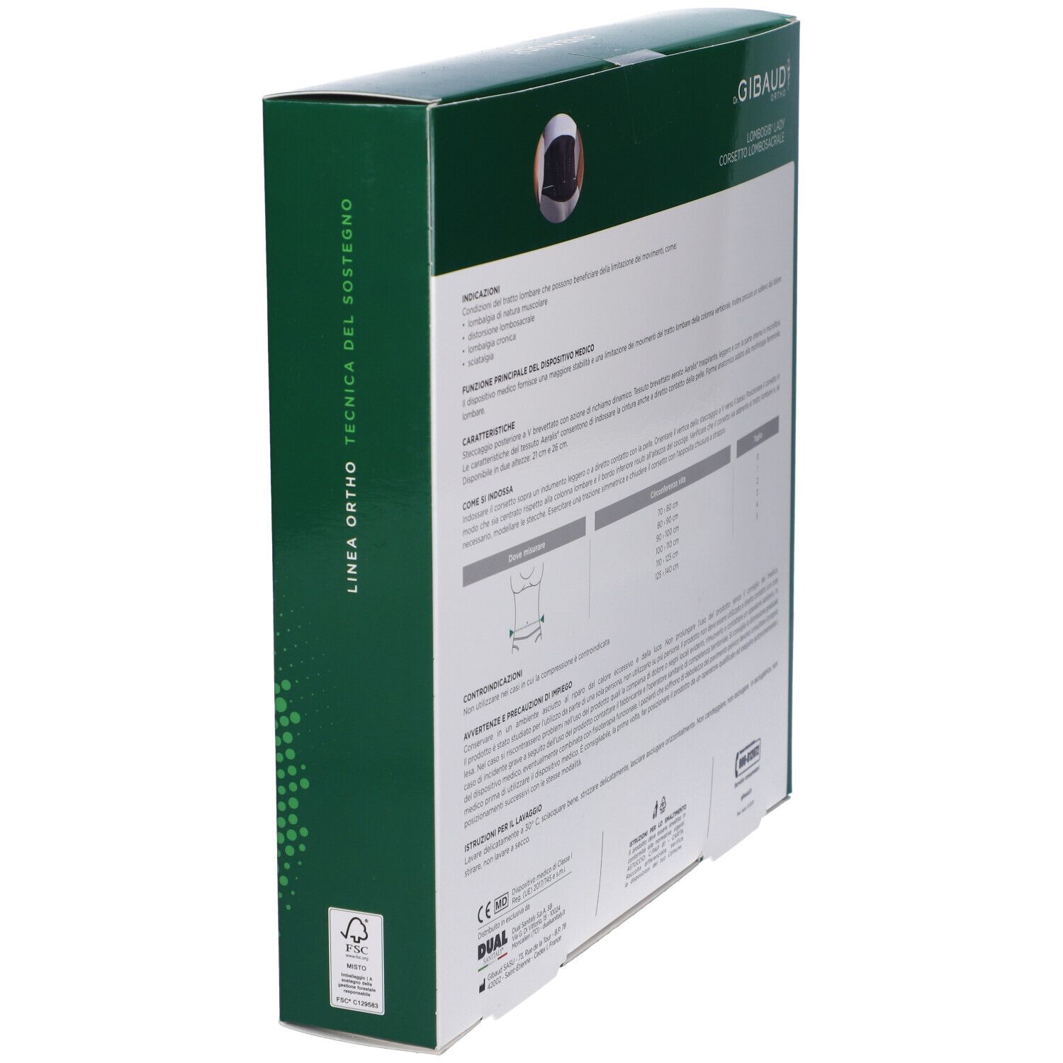 Rückseite der grünen Verpackung. Textinformationen. Marke: Dr. Gibaud Ortho. Text in mehreren Sprachen.